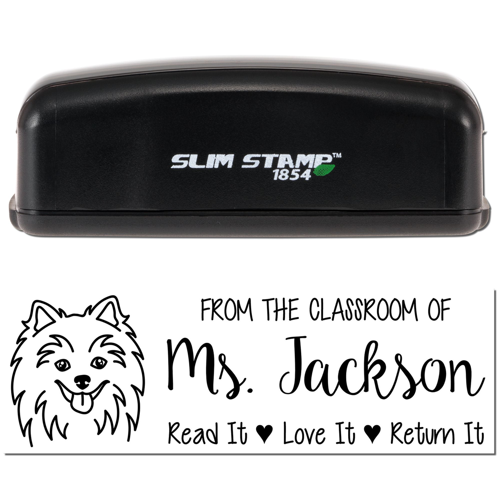 Custom teacher book rubber stamp with dog graphic and Read It Love It Return It classroom message.