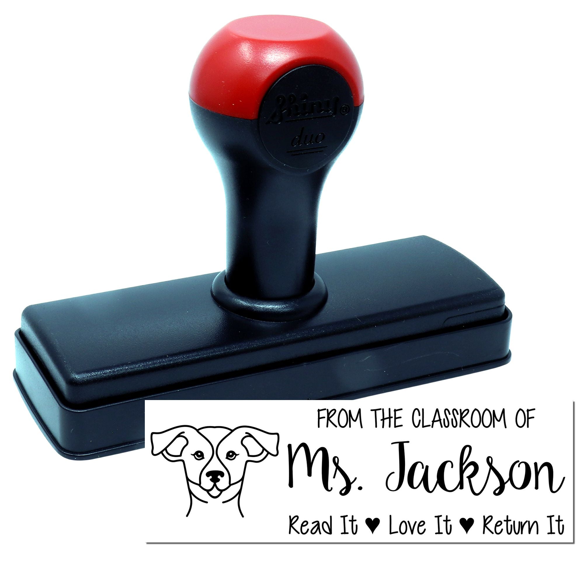 Custom self-inking classroom book stamp for Ms. Jackson: Read It, Love It, Return It.