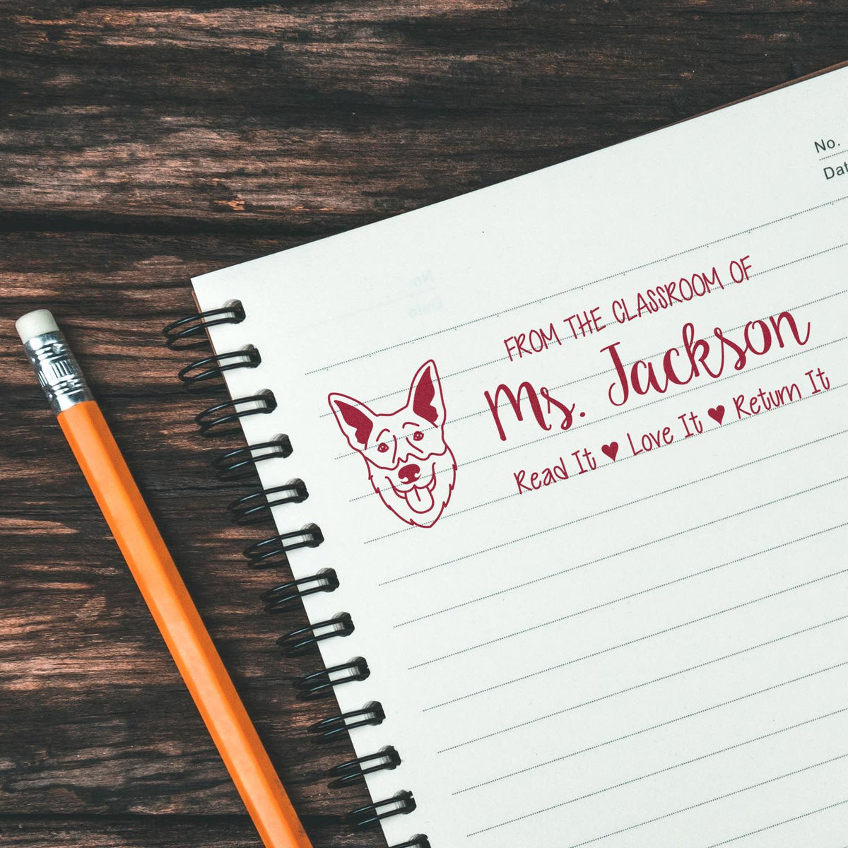 Custom teacher rubber stamp for classroom books and notes, personalized for Ms. Jackson with read it, love it, return it.