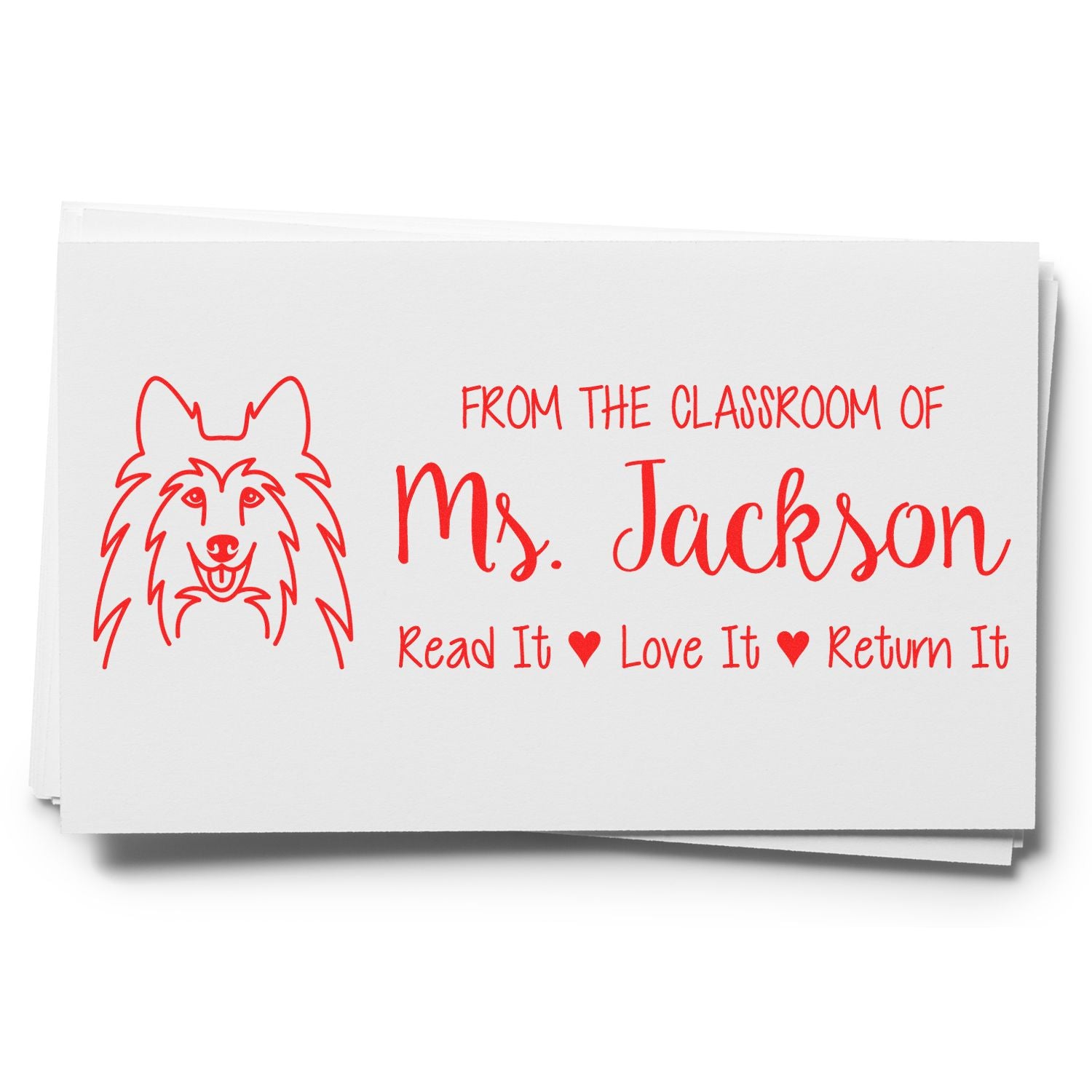 Personalized teacher rubber stamp with dog design and Read It, Love It, Return It classroom book label for Ms. Jackson.