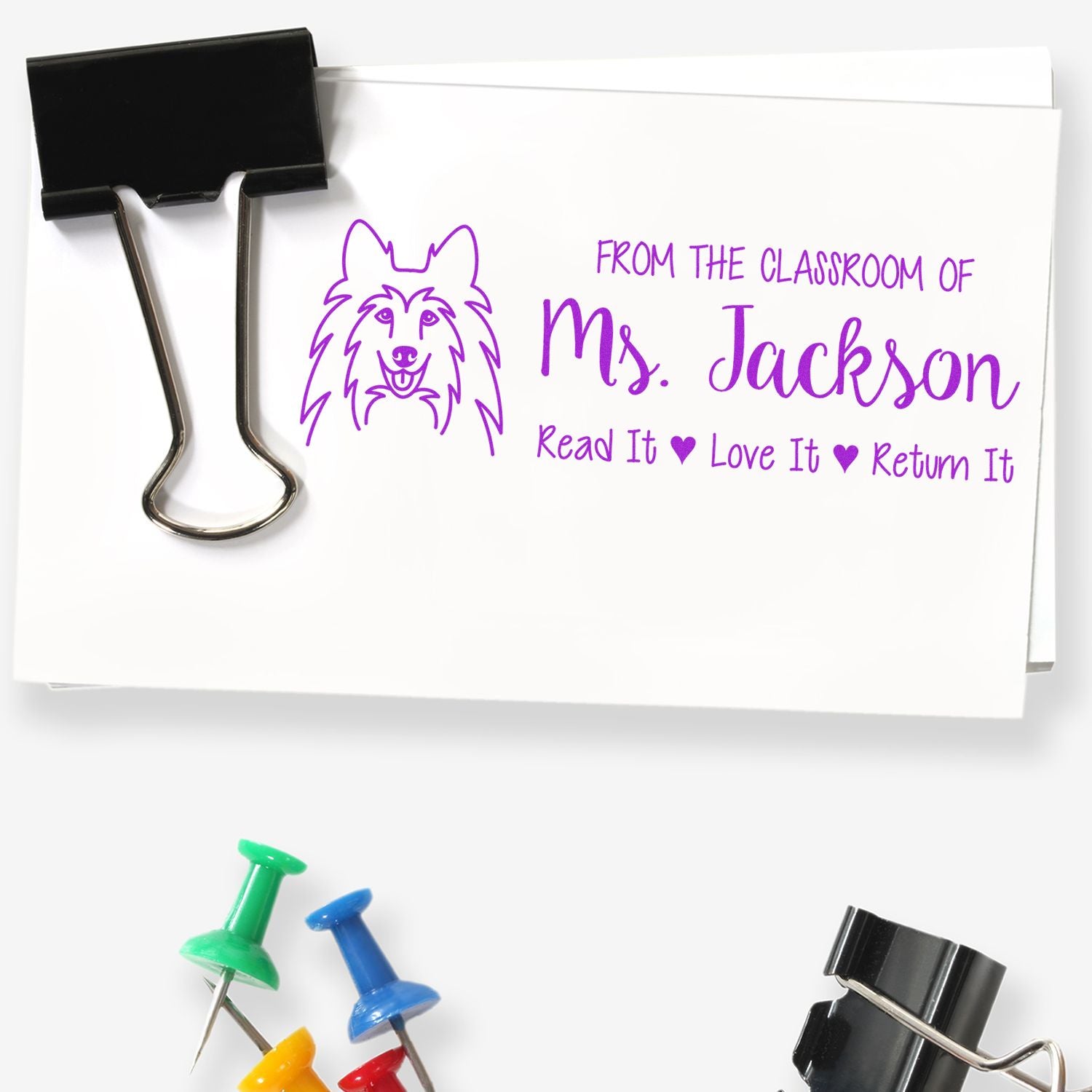 Personalized teacher rubber stamp for classroom books: From the classroom of Mrs. Jackson, Read it, love it, return it.