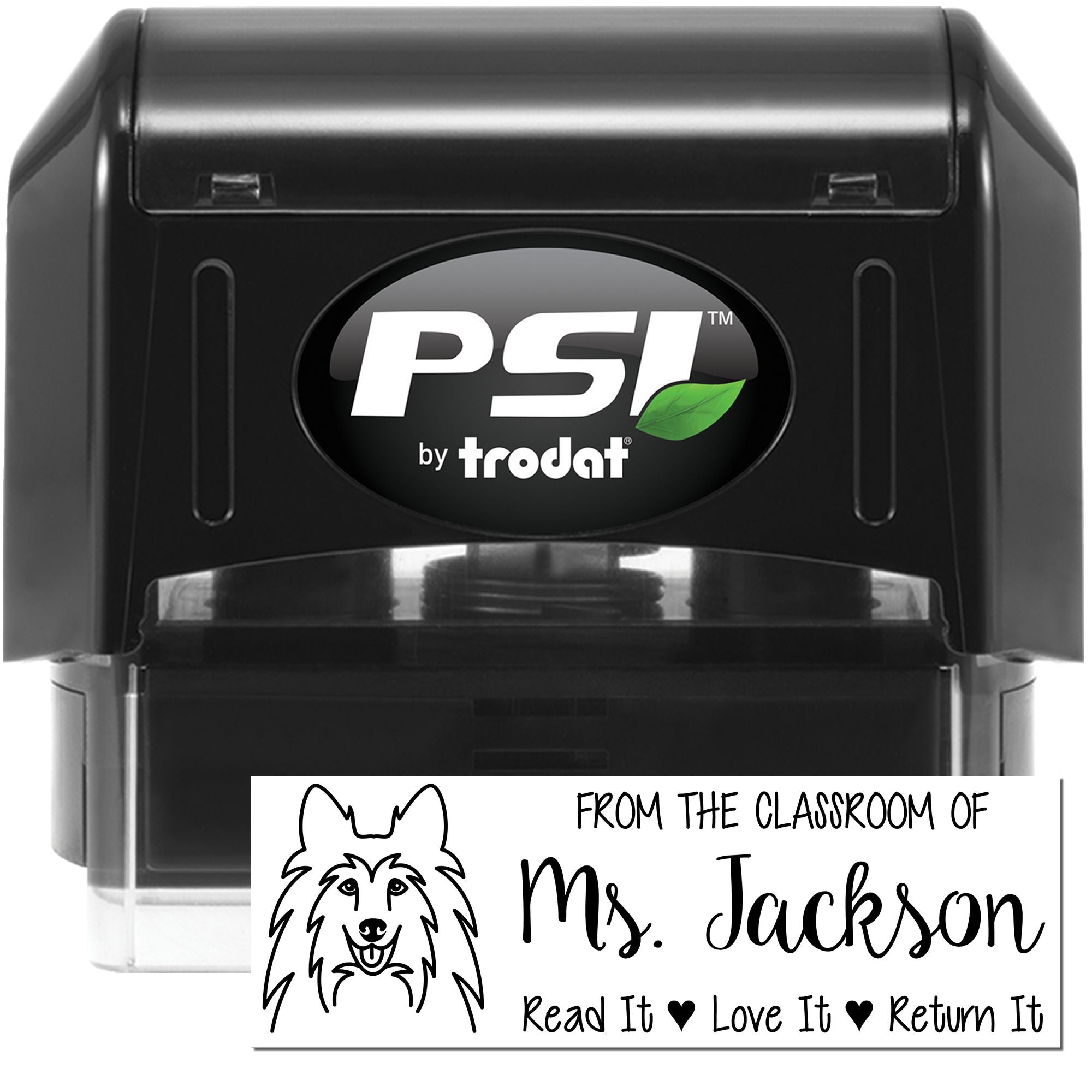 PSI by Trodat self-inking rubber stamp with custom classroom book label stamp for Ms. Jackson, Read It Love It Return It