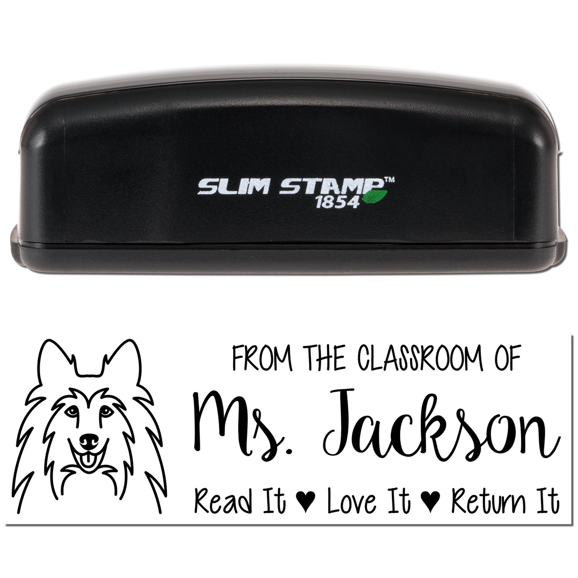 Custom rubber stamp with dog design and classroom return message for Mrs. Jackson: Read It, Love It, Return It.