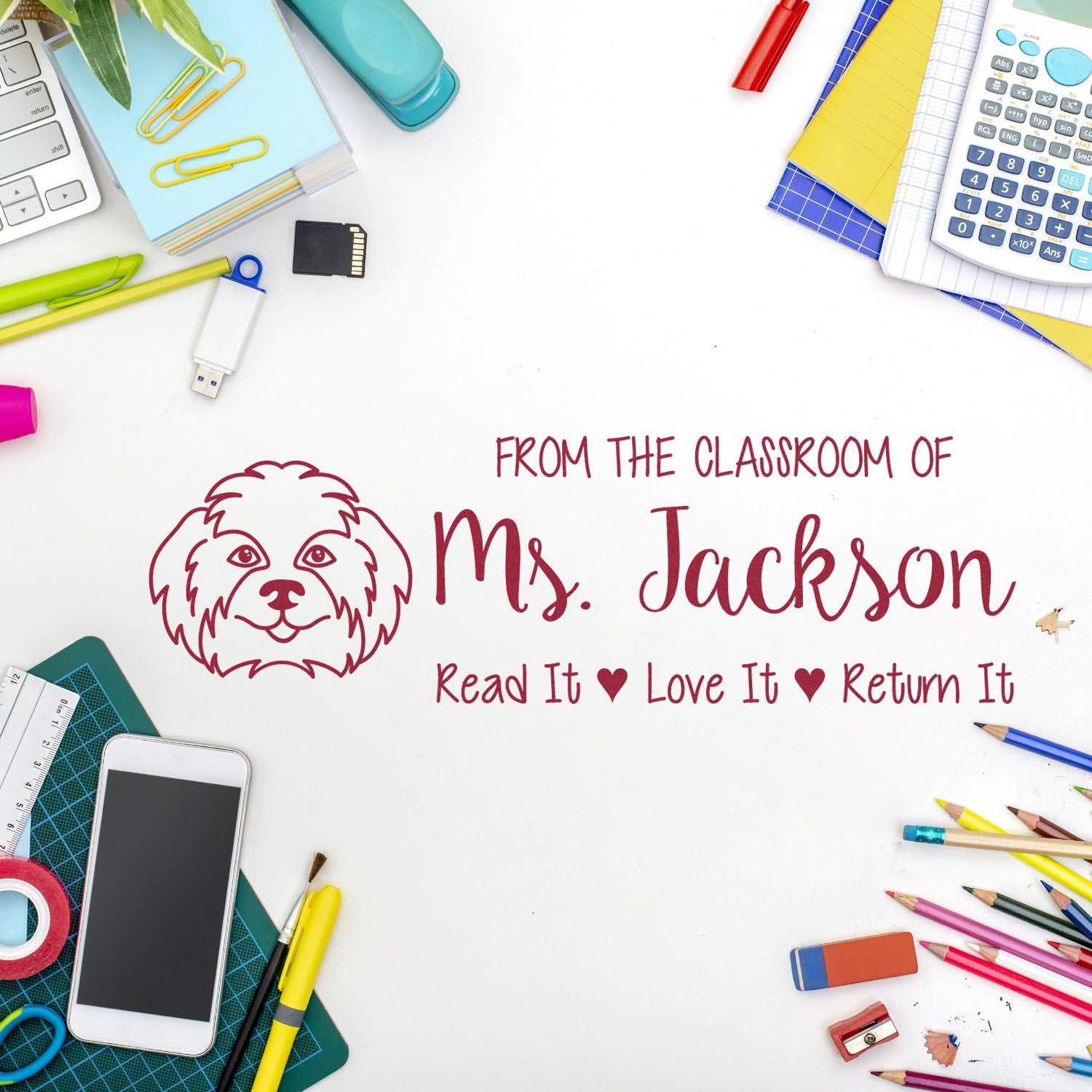 Personalized classroom rubber stamp for Ms. Jackson with dog logo and Read It Love It Return It book return message.