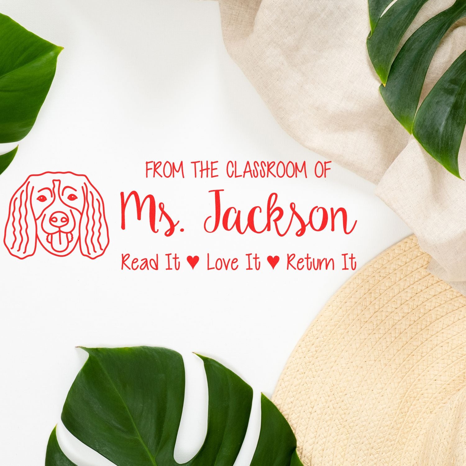 Custom teacher rubber stamp for Ms. Jackson with dog icon and Read It, Love It, Return It classroom library book message.
