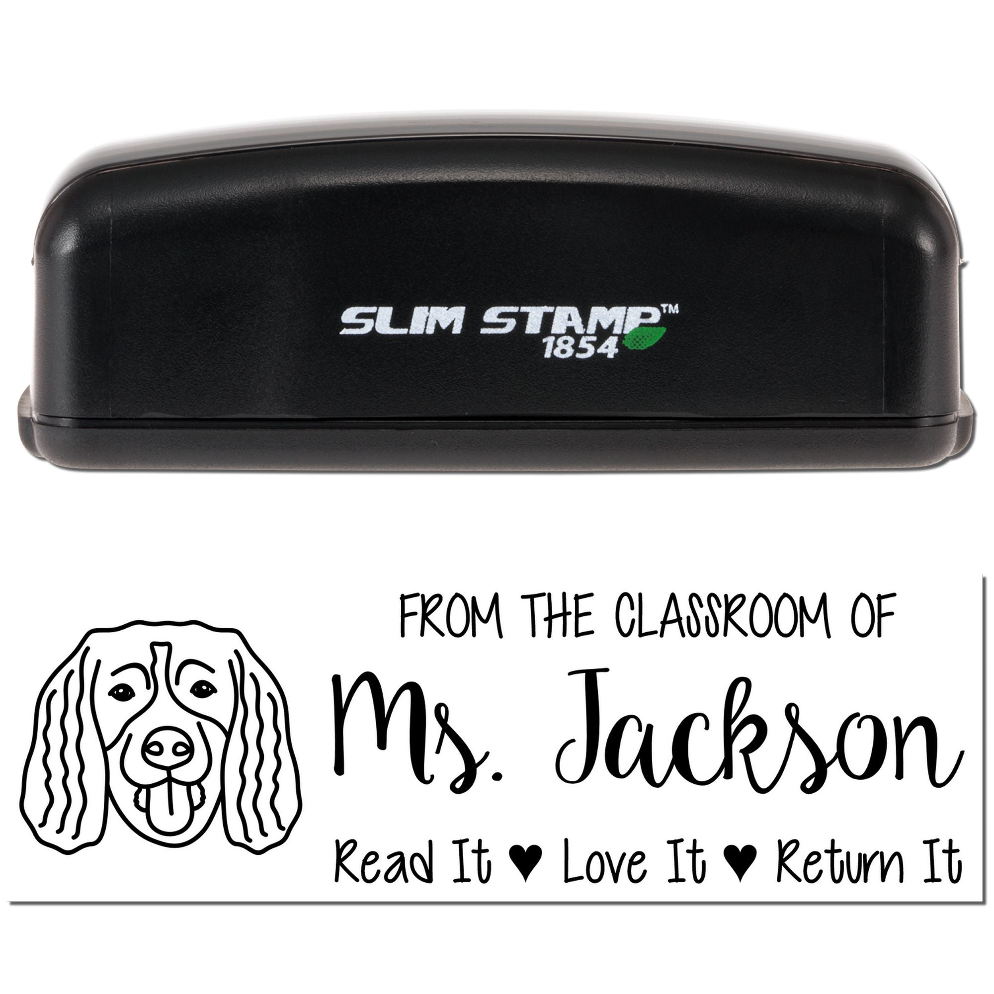 Custom rubber stamp for classroom books with dog illustration and From the Classroom of Ms. Jackson, Read It, Love It, Return It.