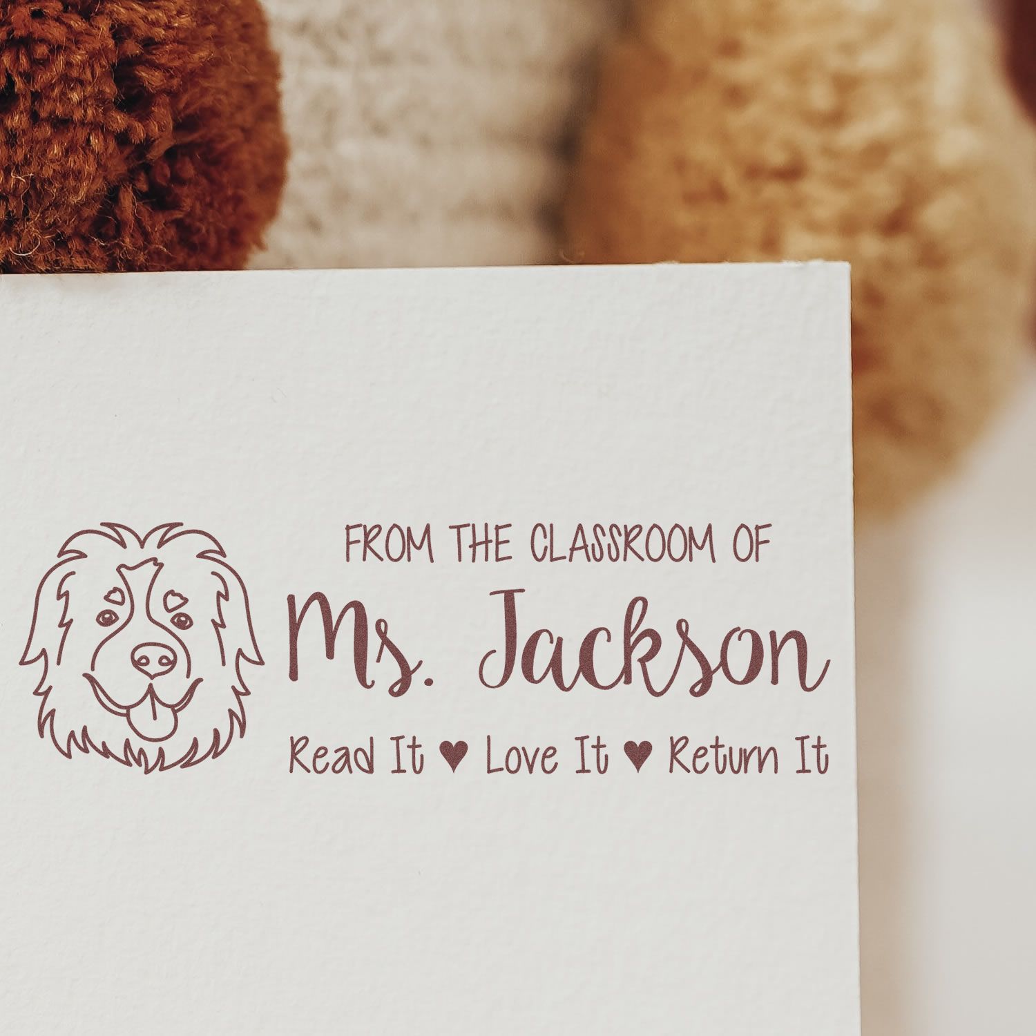 Personalized dog classroom library rubber stamp reading From the Classroom of Ms. Jackson: Read It, Love It, Return It.