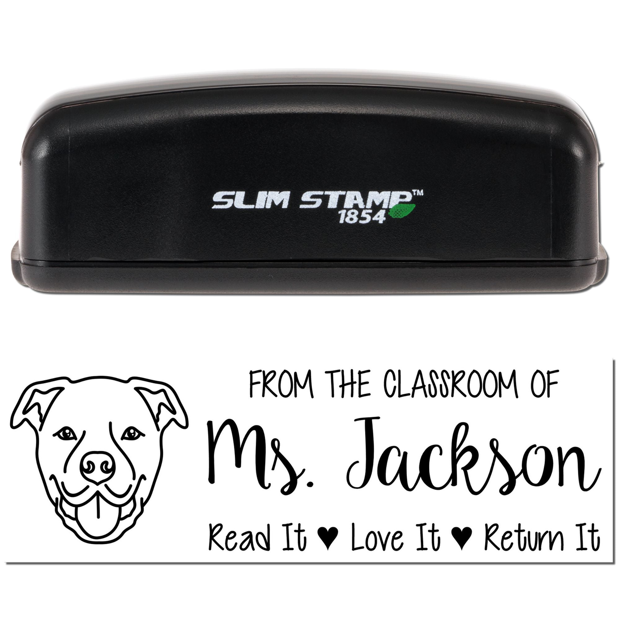 Personalized classroom book rubber stamp with dog graphic and From the Classroom of Ms. Jackson read-it, love-it, return-it text.
