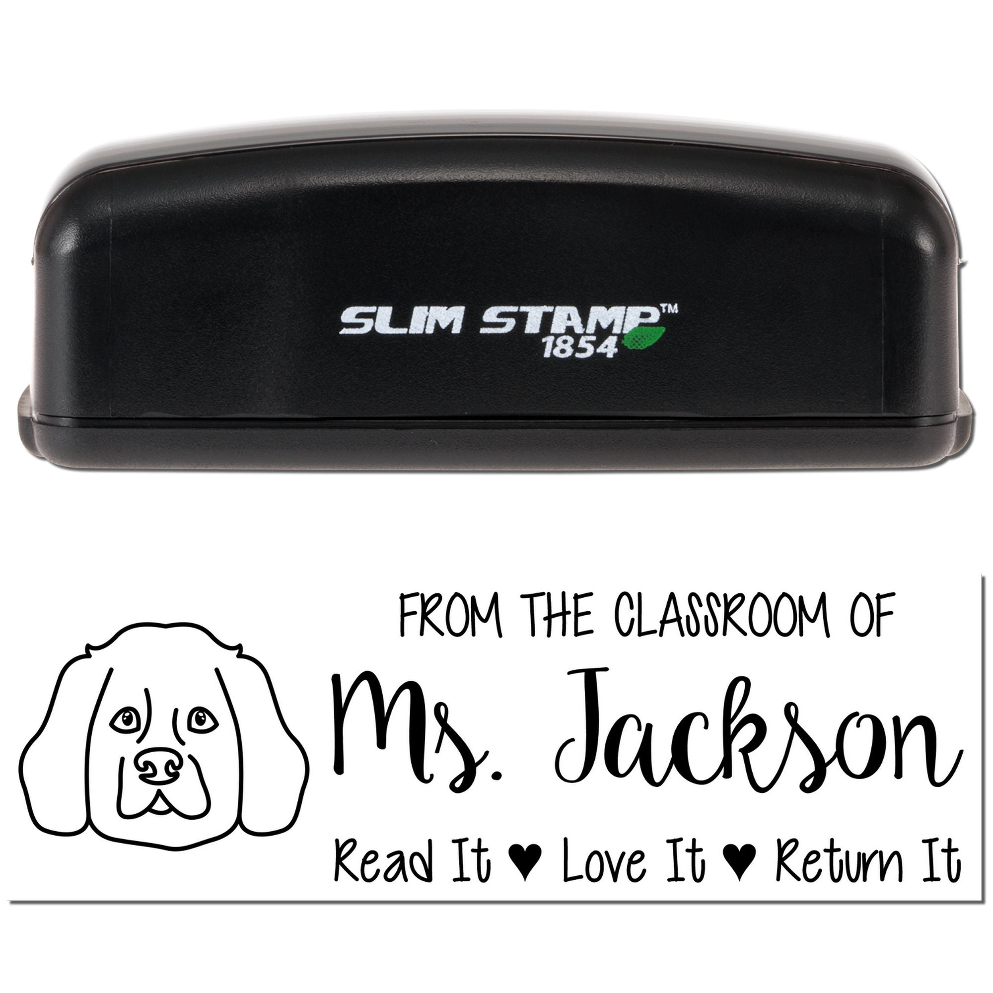 Custom self-inking teacher rubber stamp for classroom books: From the classroom of Ms. JacksonRead It, Love It, Return It.