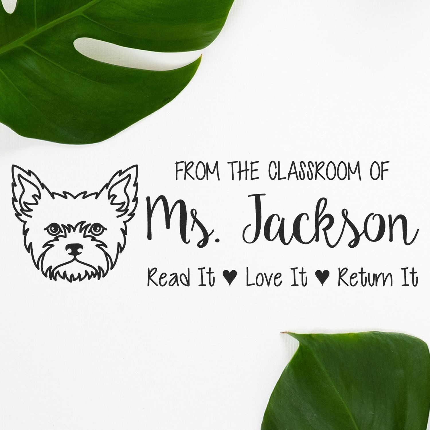 Custom classroom library rubber stamp with dog design and Ms. Jackson name, Read It, Love It, Return It book label.