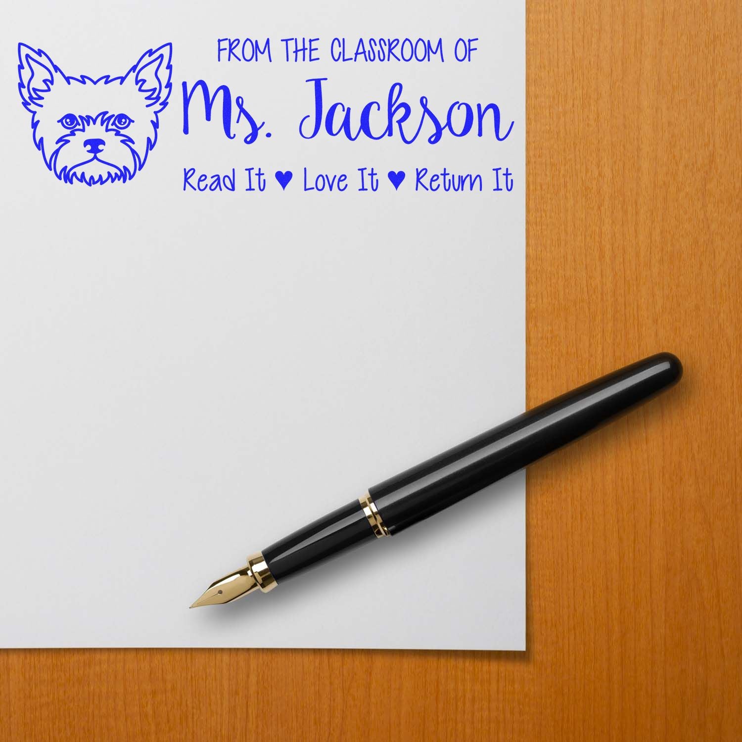 Personalized teacher rubber stamp with dog icon and From the Classroom of Ms. Jackson, Read It Love It Return It book label.