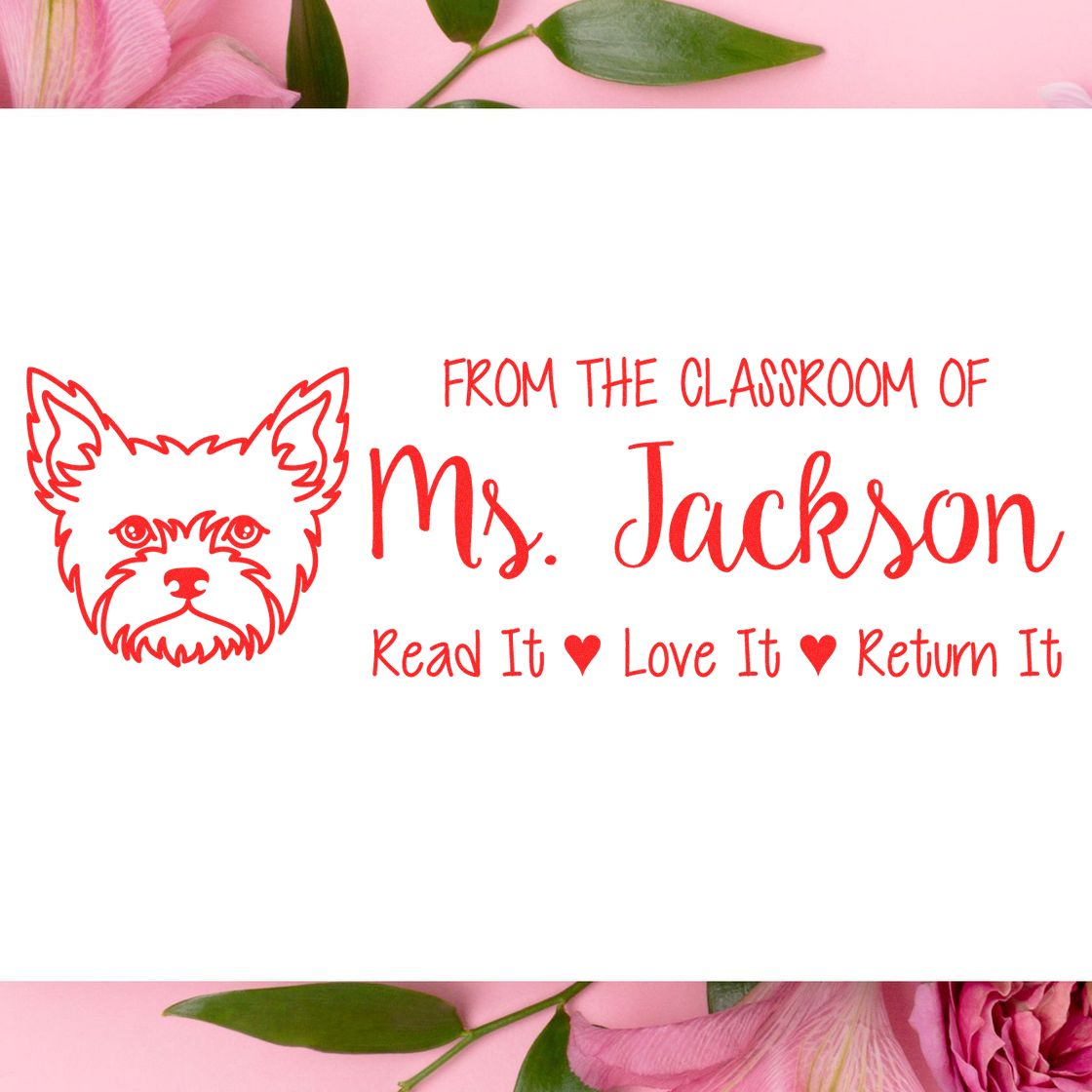 Custom classroom book rubber stamp with dog illustration and From the classroom of Ms. JacksonRead It, Love It, Return It message.