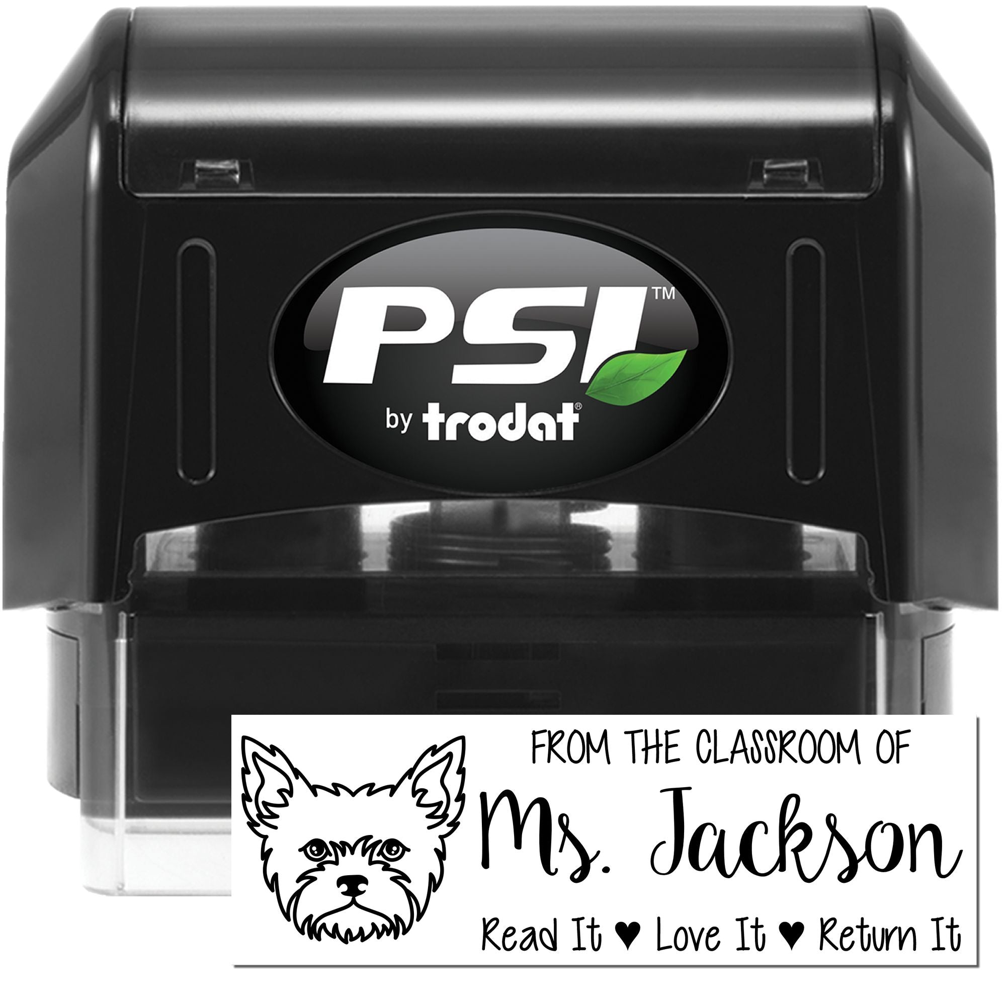 PSI by Trodat self-inking rubber stamp with custom classroom book return stamp for Ms. Jackson, Read It Love It Return It design.