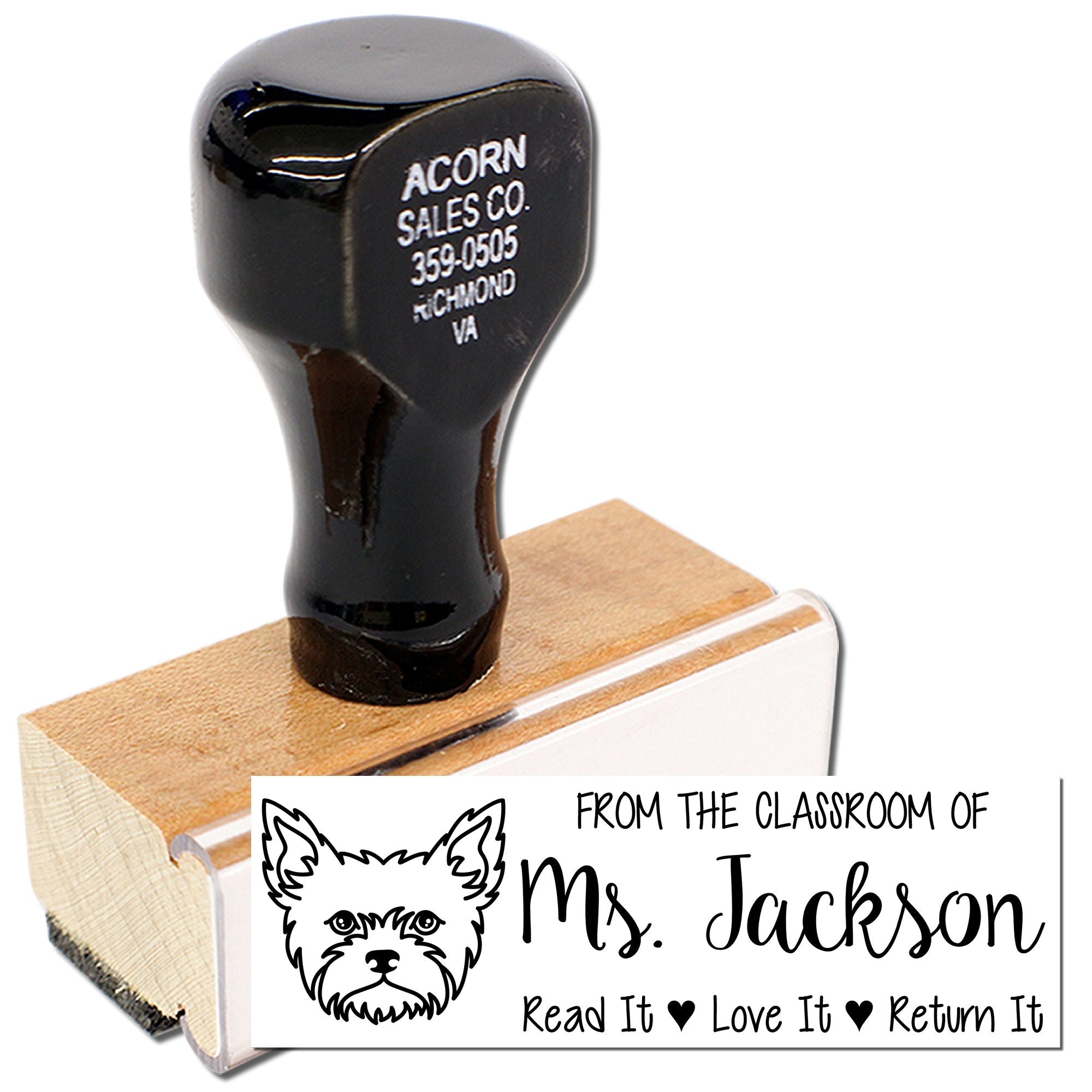 Personalized classroom rubber stamp with dog design for book labels, reading From the classroom of Ms. Jackson.