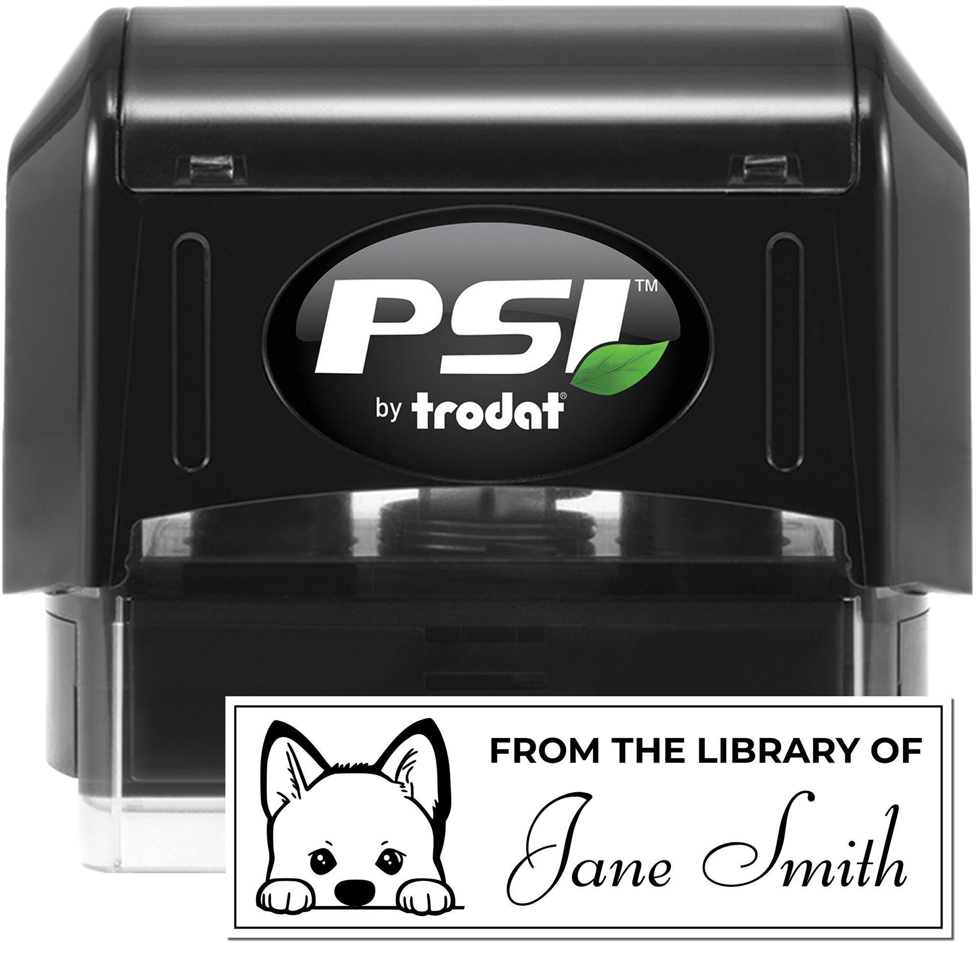Custom self-inking library rubber stamp by PSI by Trodat, featuring From the Library of Jane Smith with dog illustration.