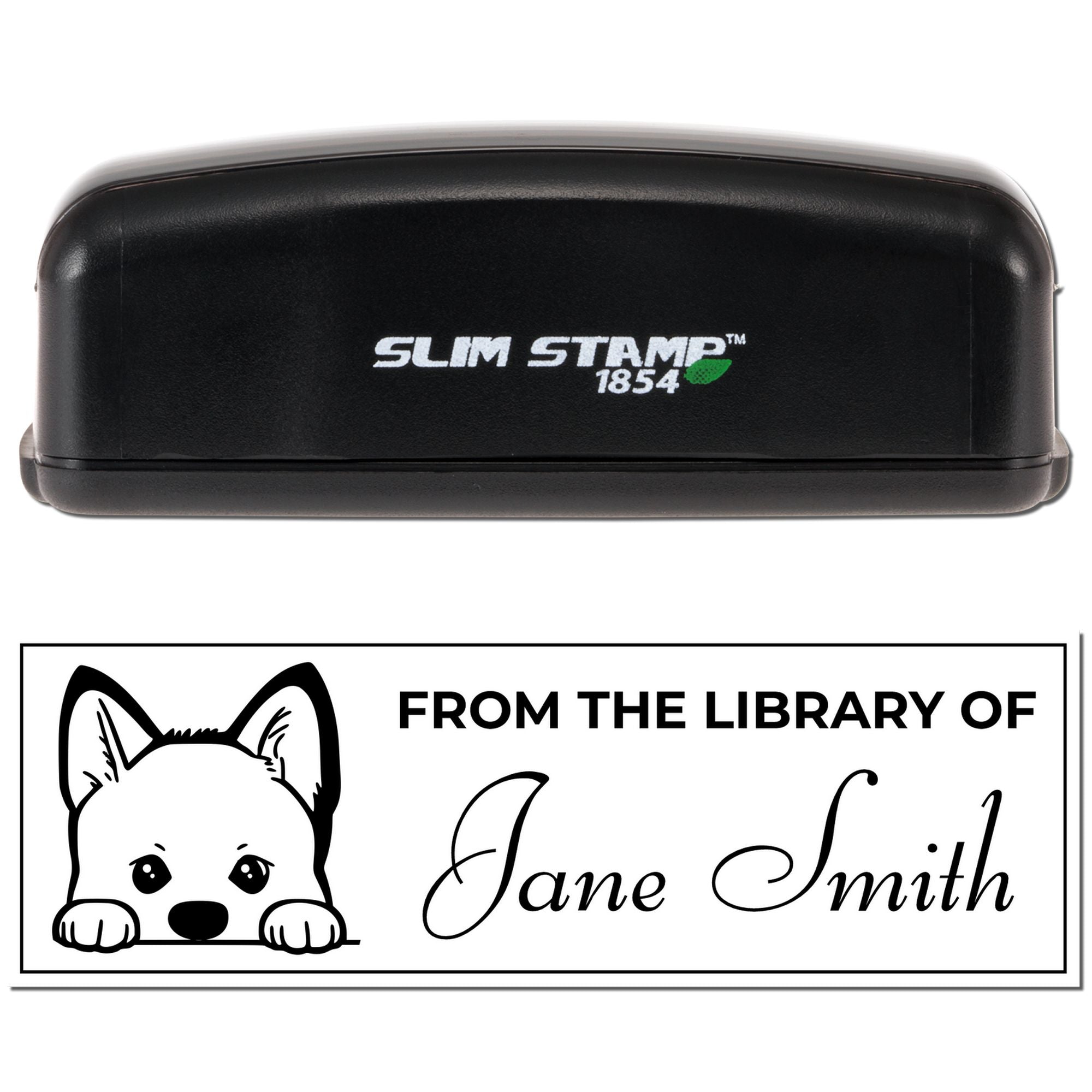 Custom Slim Stamp rubber stamp with From the Library of Jane Smith dog design for personal library books.