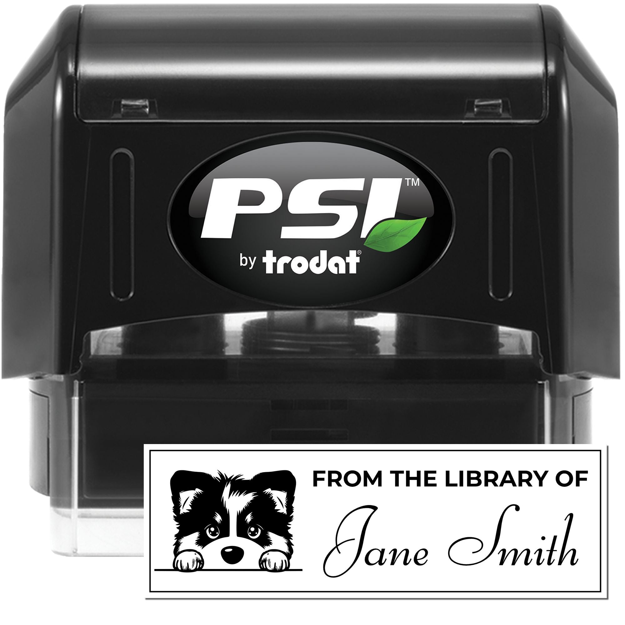 PSI by Trodat self-inking rubber stamp with custom From the Library of Jane Smith dog graphic return address design