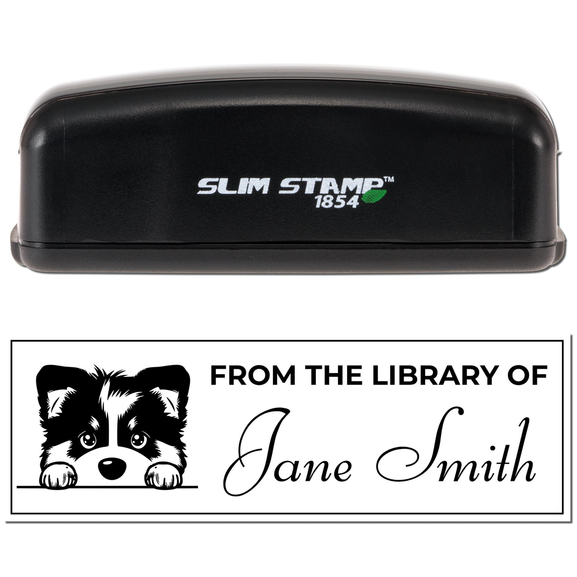 Custom self-inking rubber library stamp with dog illustration and From the Library of Jane Smith text, Slim Stamp 1854 case.
