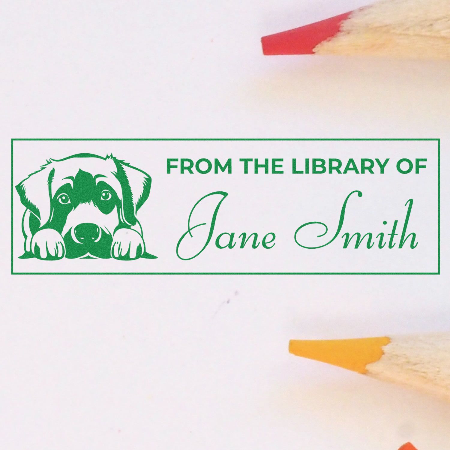 Personalized dog-themed rubber stamp for books, reading From the Library of Jane Smith for a custom library collection.