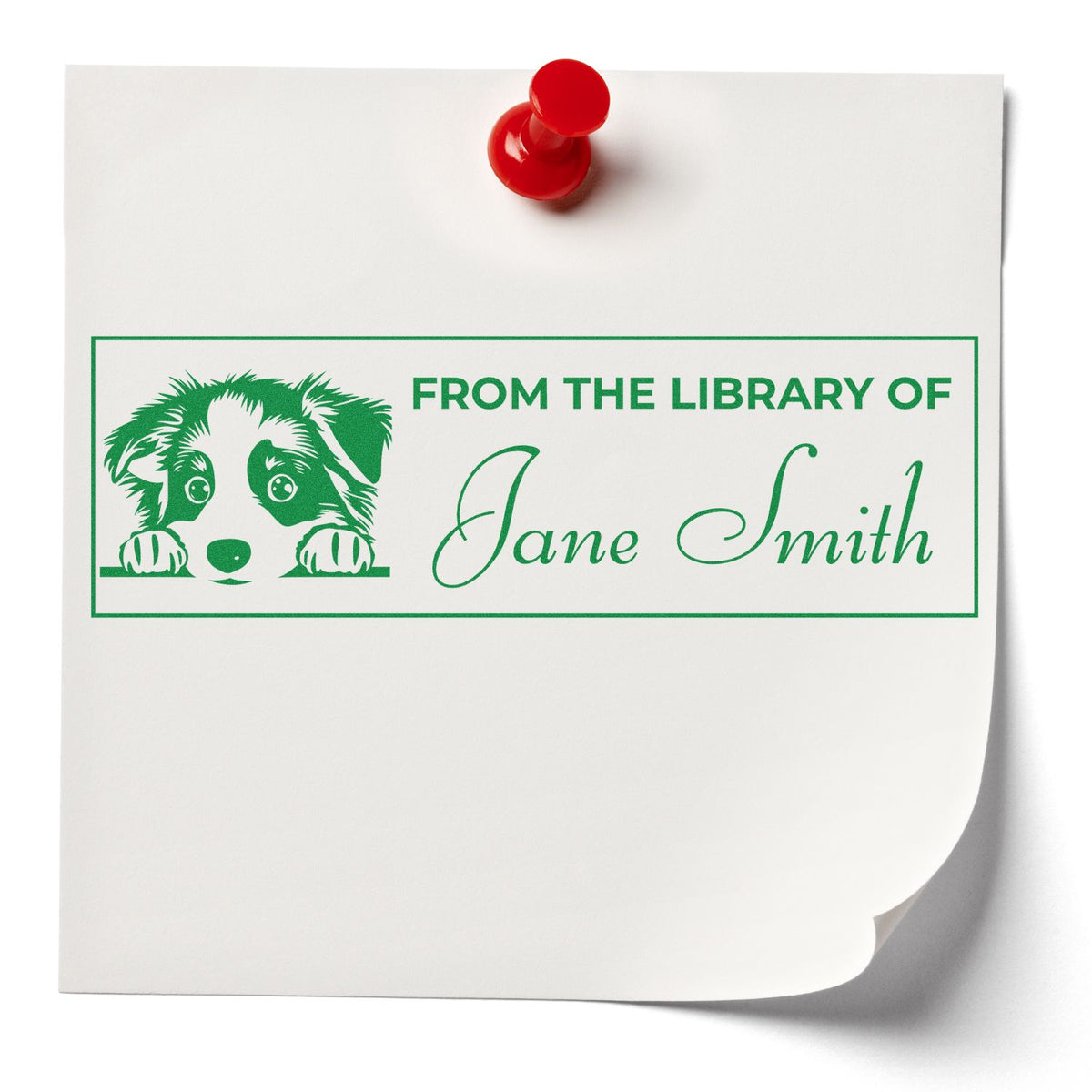 Personalized ex libris bookplate stamp with dog design and "From the Library of Jane Smith" text
