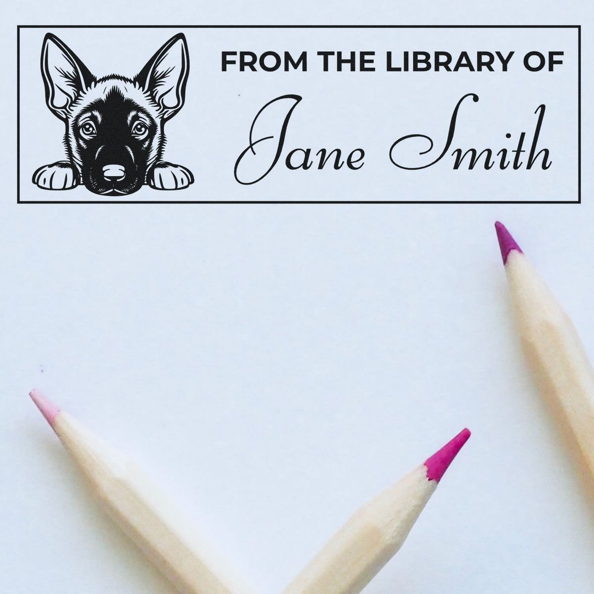 Custom rubber stamp with German shepherd and From the Library of Jane Smith ex libris design for book labeling.