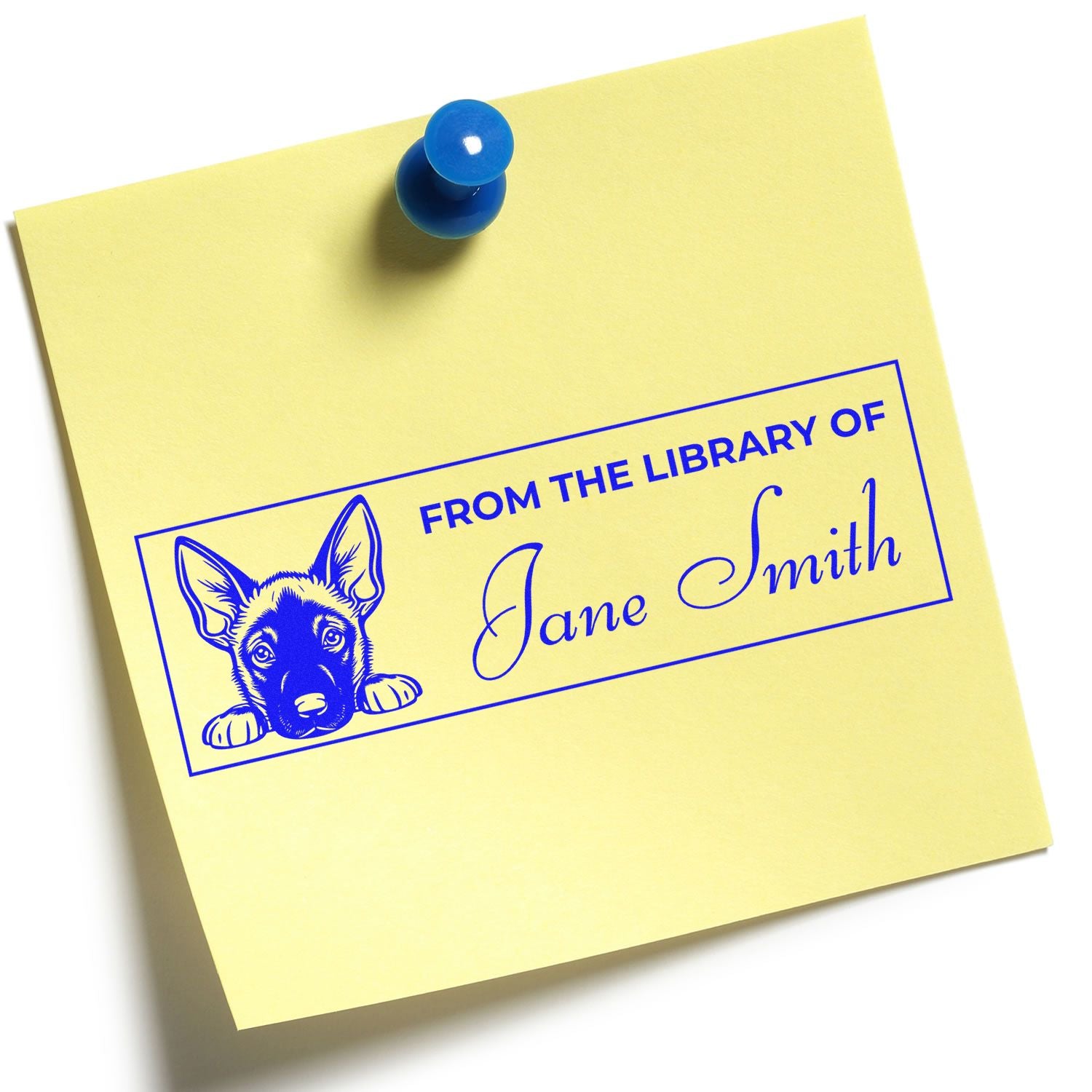 Custom rubber library stamp with dog illustration and From the Library of Jane Smith bookplate text.