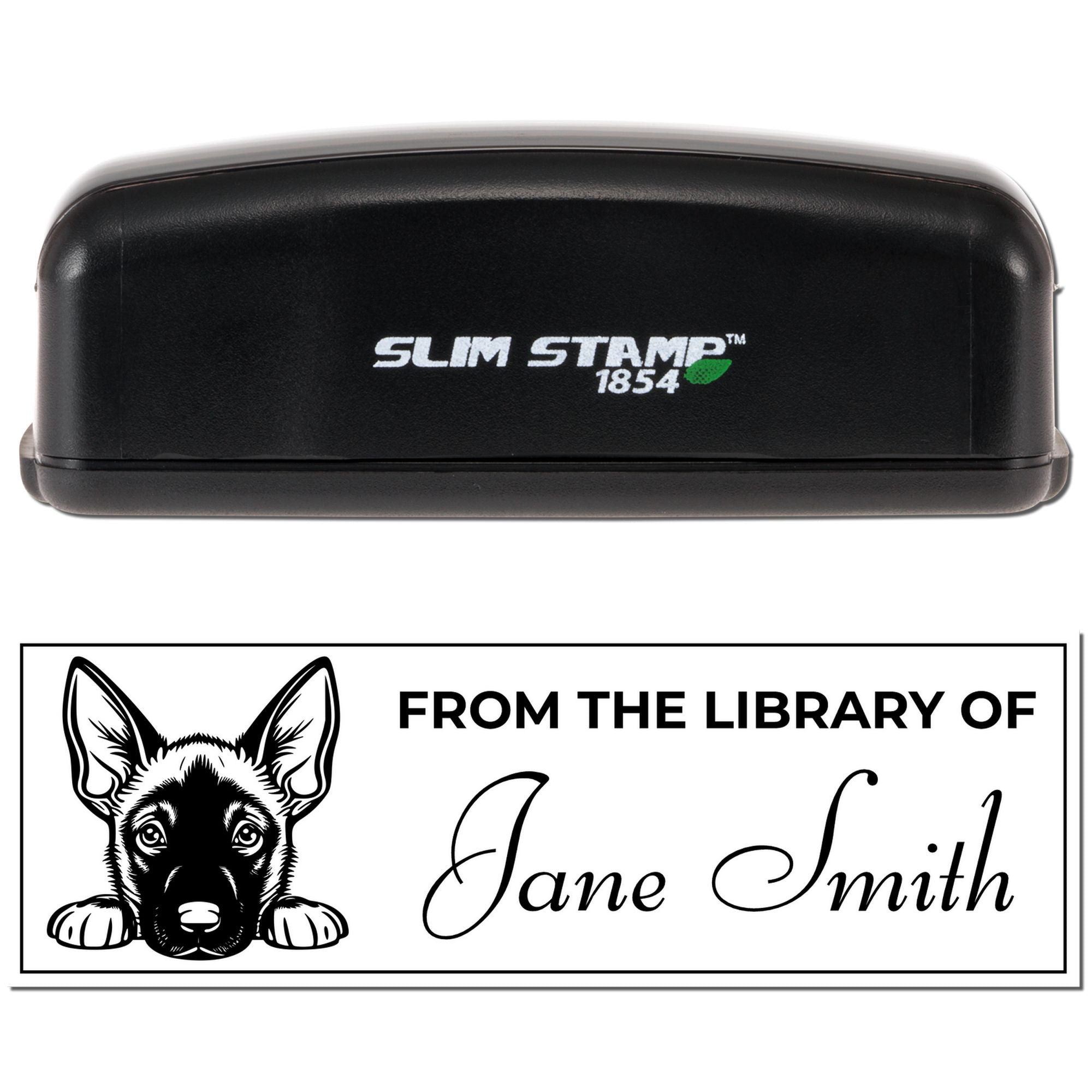 Custom self-inking rubber library stamp with dog art and From the Library of Jane Smith personalized book imprint.