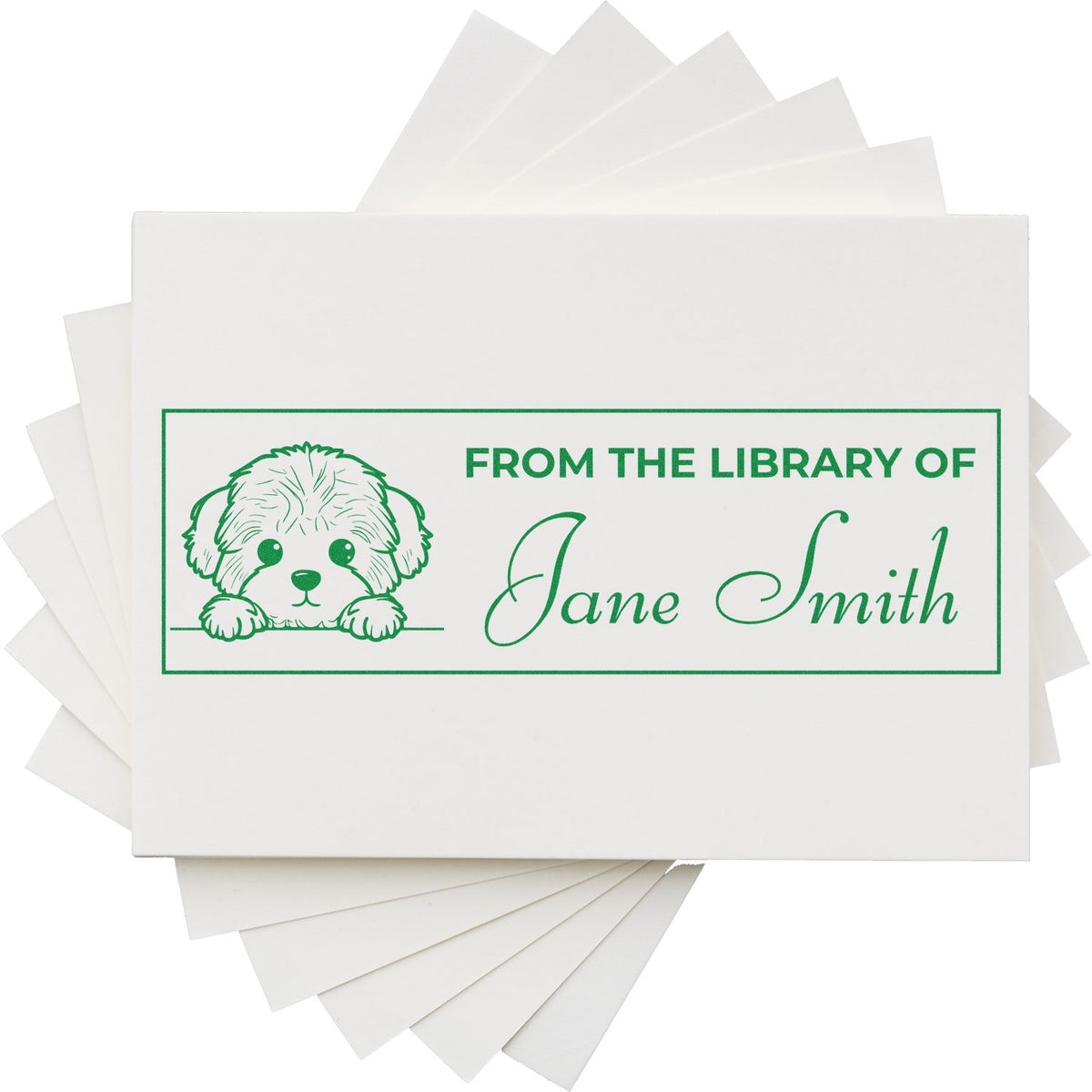 Custom rubber library stamp with dog design, From the Library of Jane Smith, for personal book ownership marking.