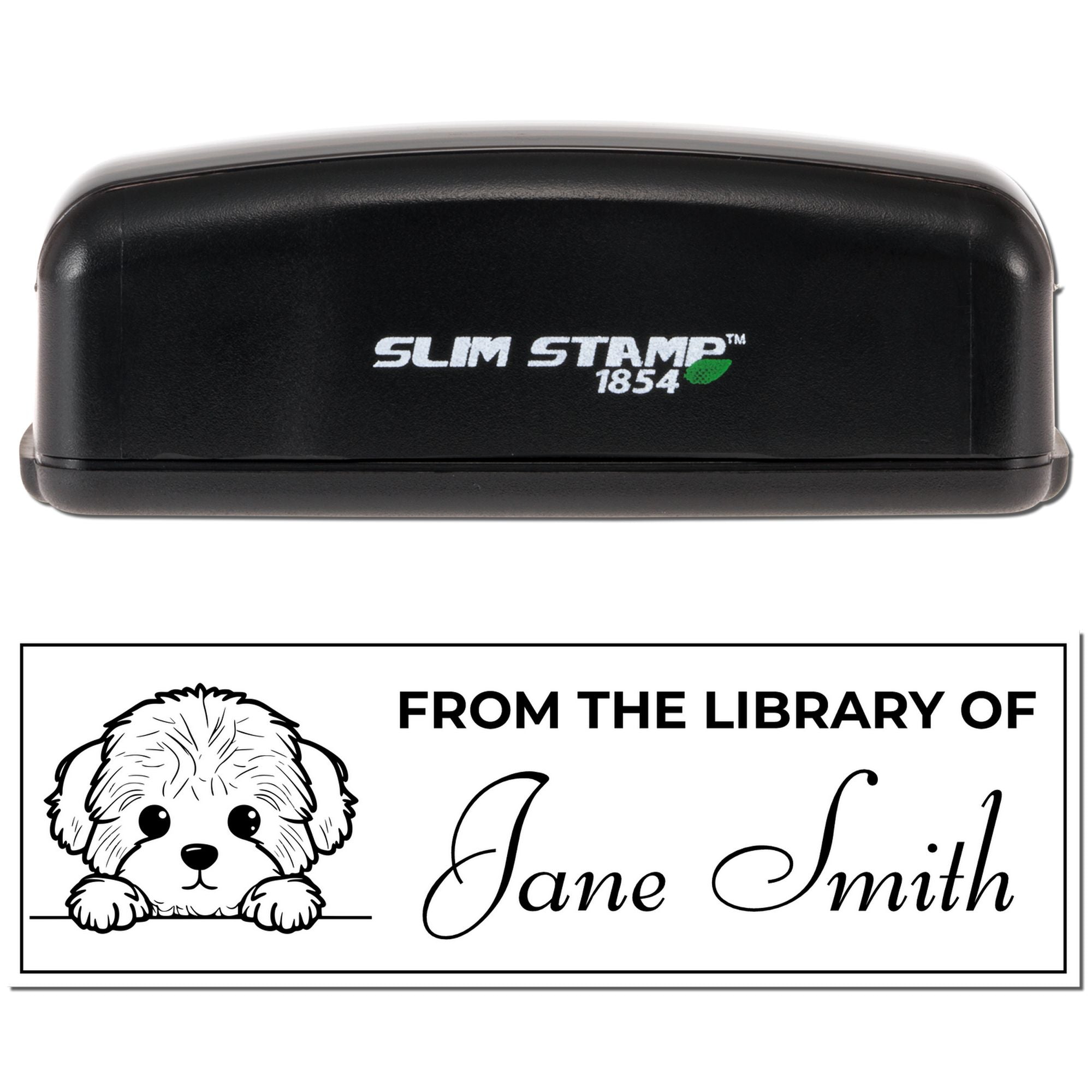 Custom self-inking rubber stamp for books, showing a From the Library of Jane Smith bookplate with puppy graphic.