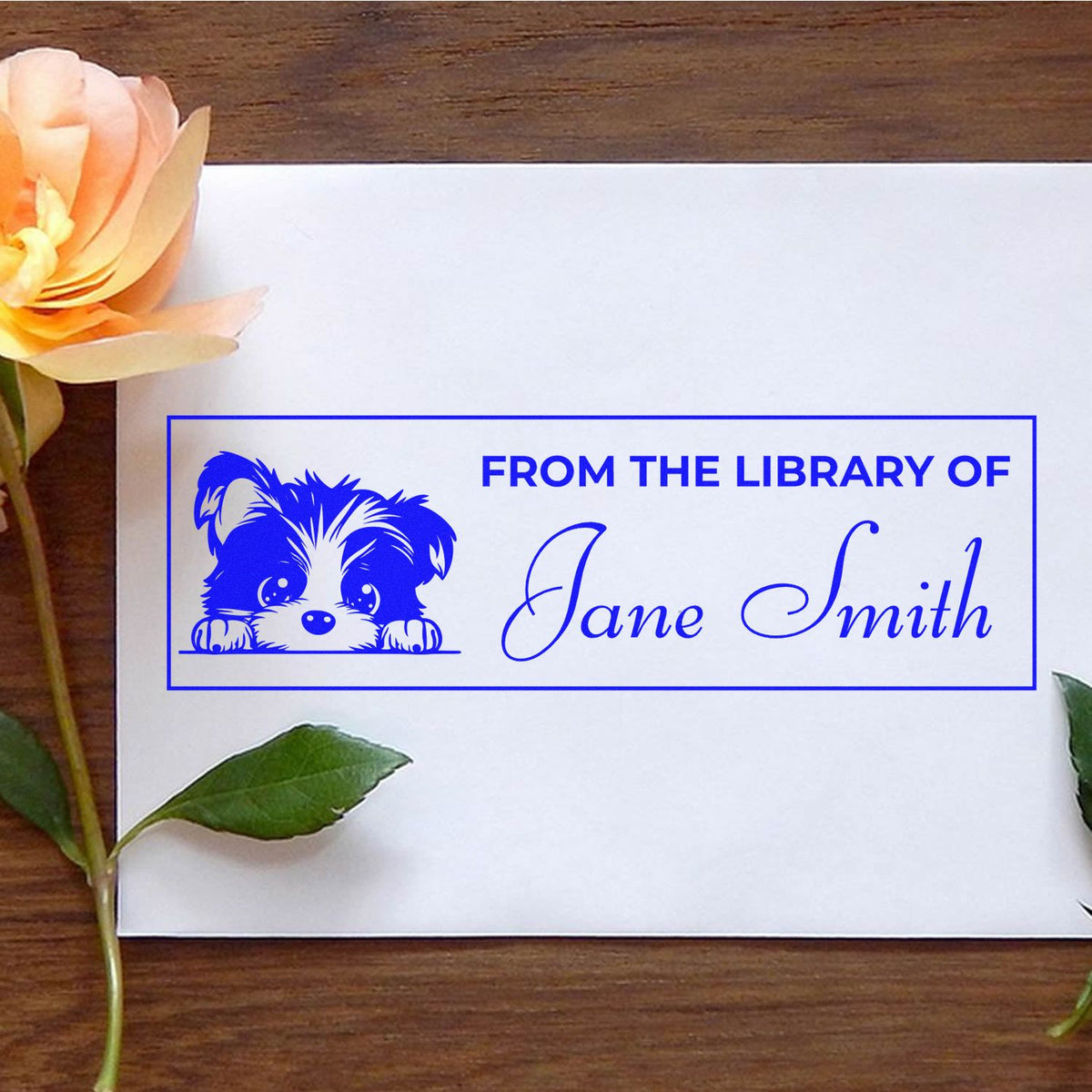 Custom dog bookplate rubber stamp with From the Library of Jane Smith for personal library books.