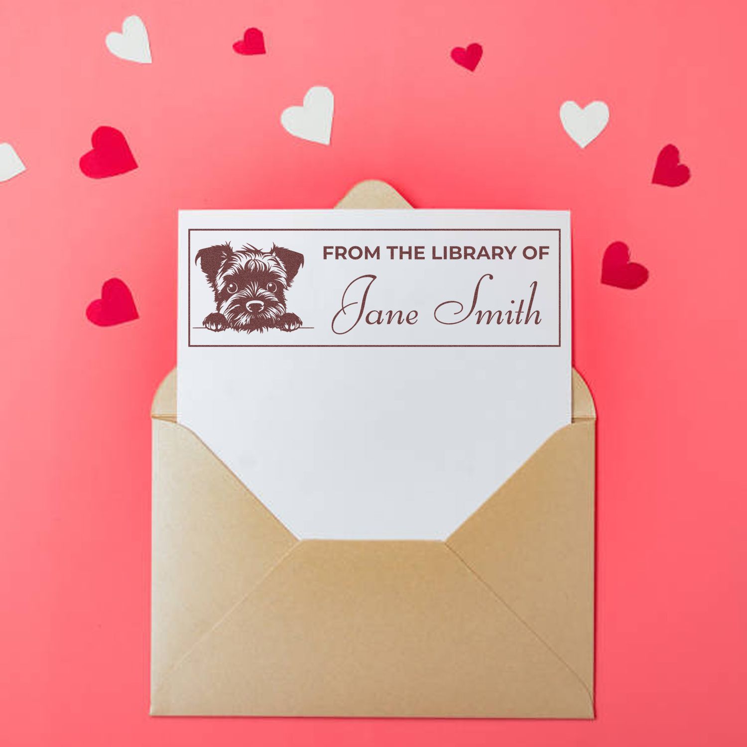 Custom rubber library stamp with dog design and From the Library of Jane Smith, ideal for personalizing books and mail.
