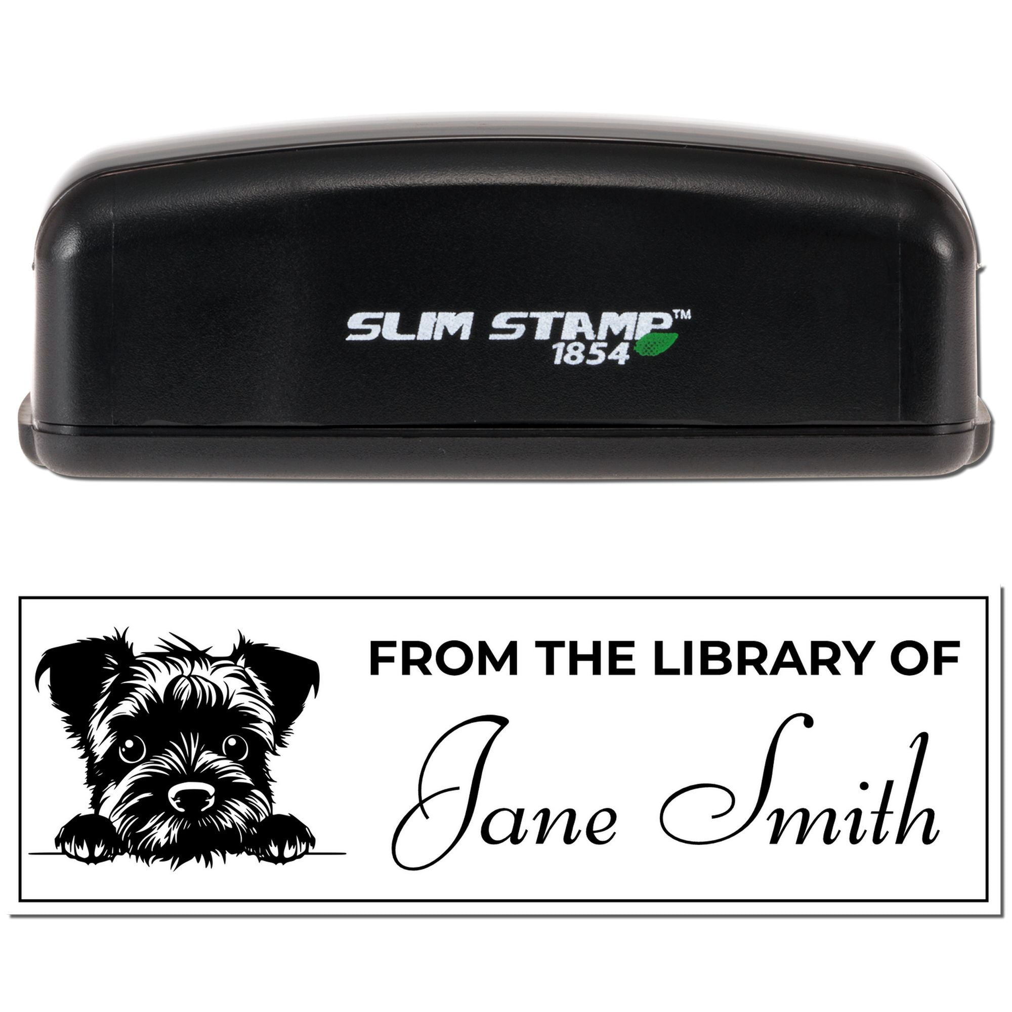 Personalized book stamp for libraries, featuring a dog illustration and From the Library of Jane Smith custom text.