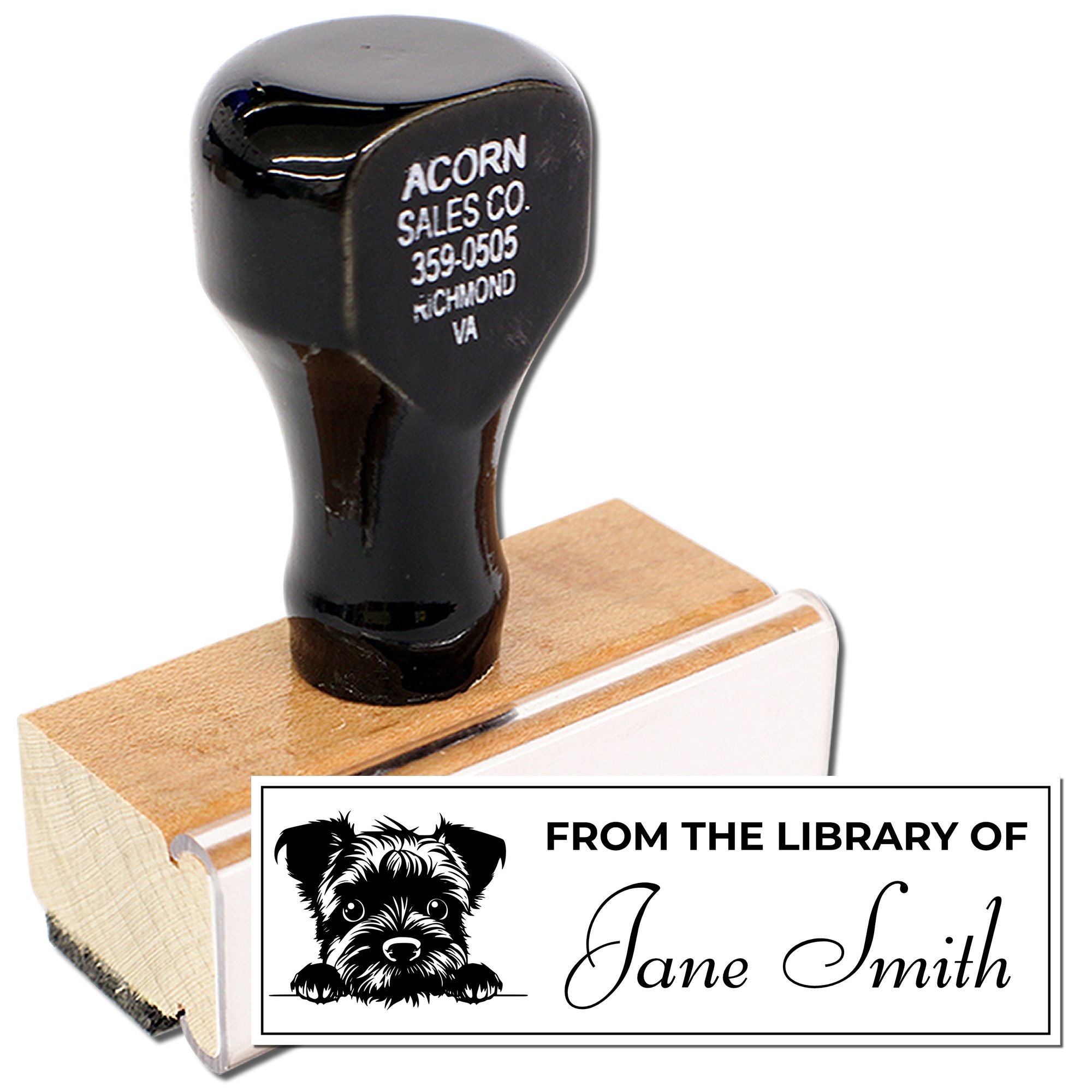 Personalized library rubber stamp with dog graphic and custom From the Library of Jane Smith book label imprint
