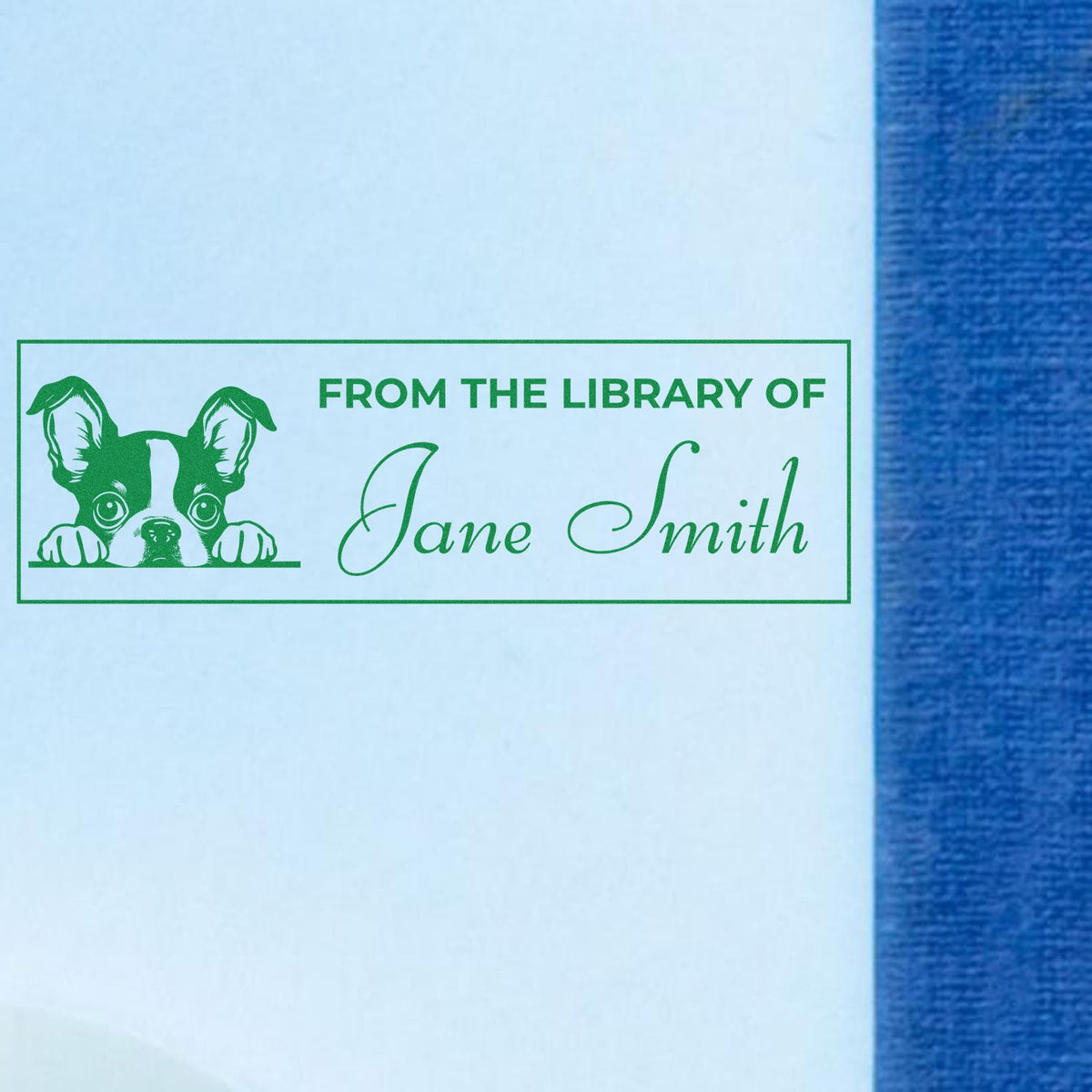 Custom dog library book rubber stamp reading From the Library of Jane Smith in green ink on paper.