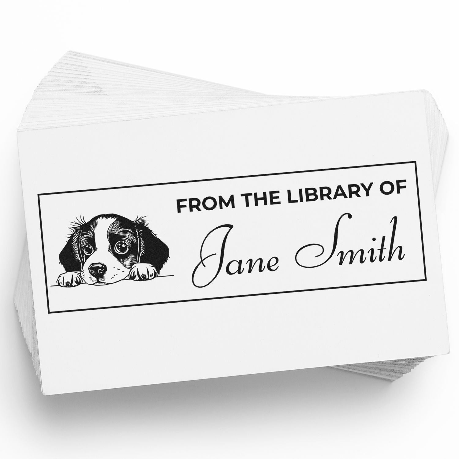 Custom dog library stamp with puppy illustration and Jane Smith name for personalized book labels