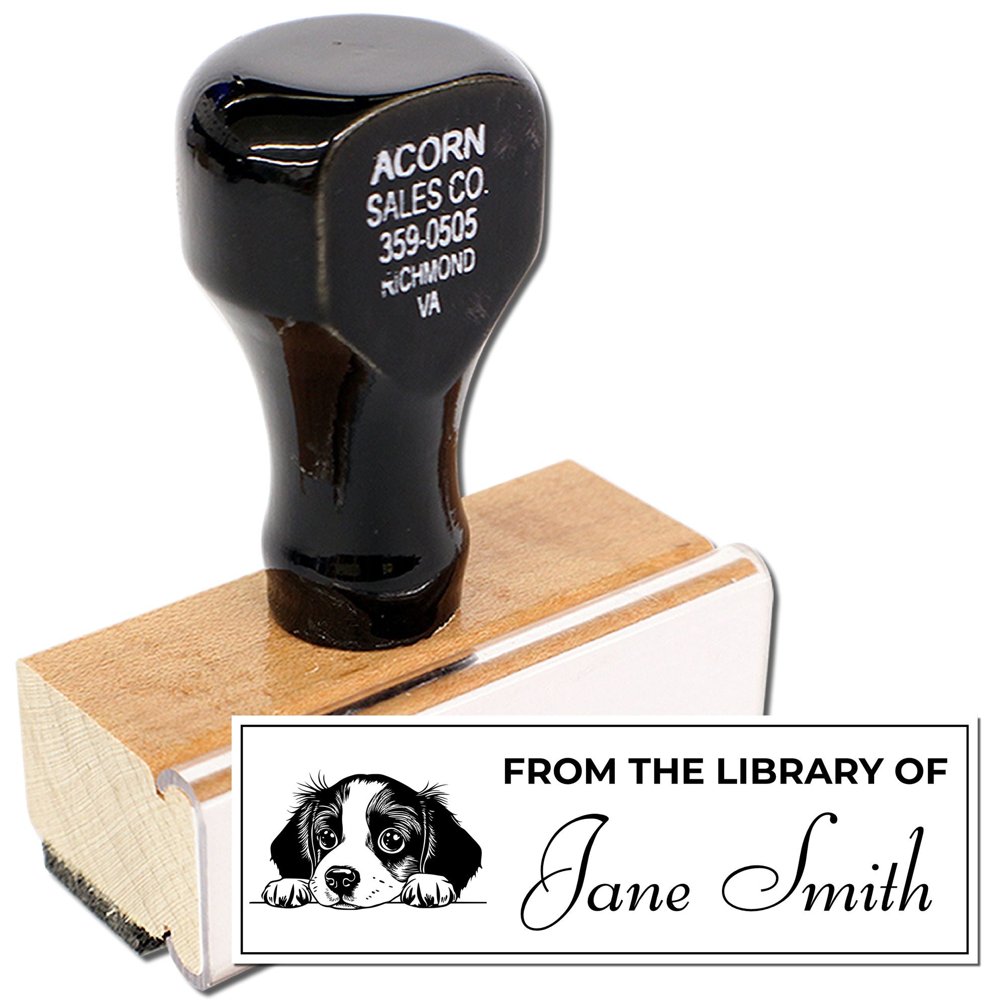 Custom rubber stamp for library books, featuring a dog ex libris design and From the Library of Jane Smith text.