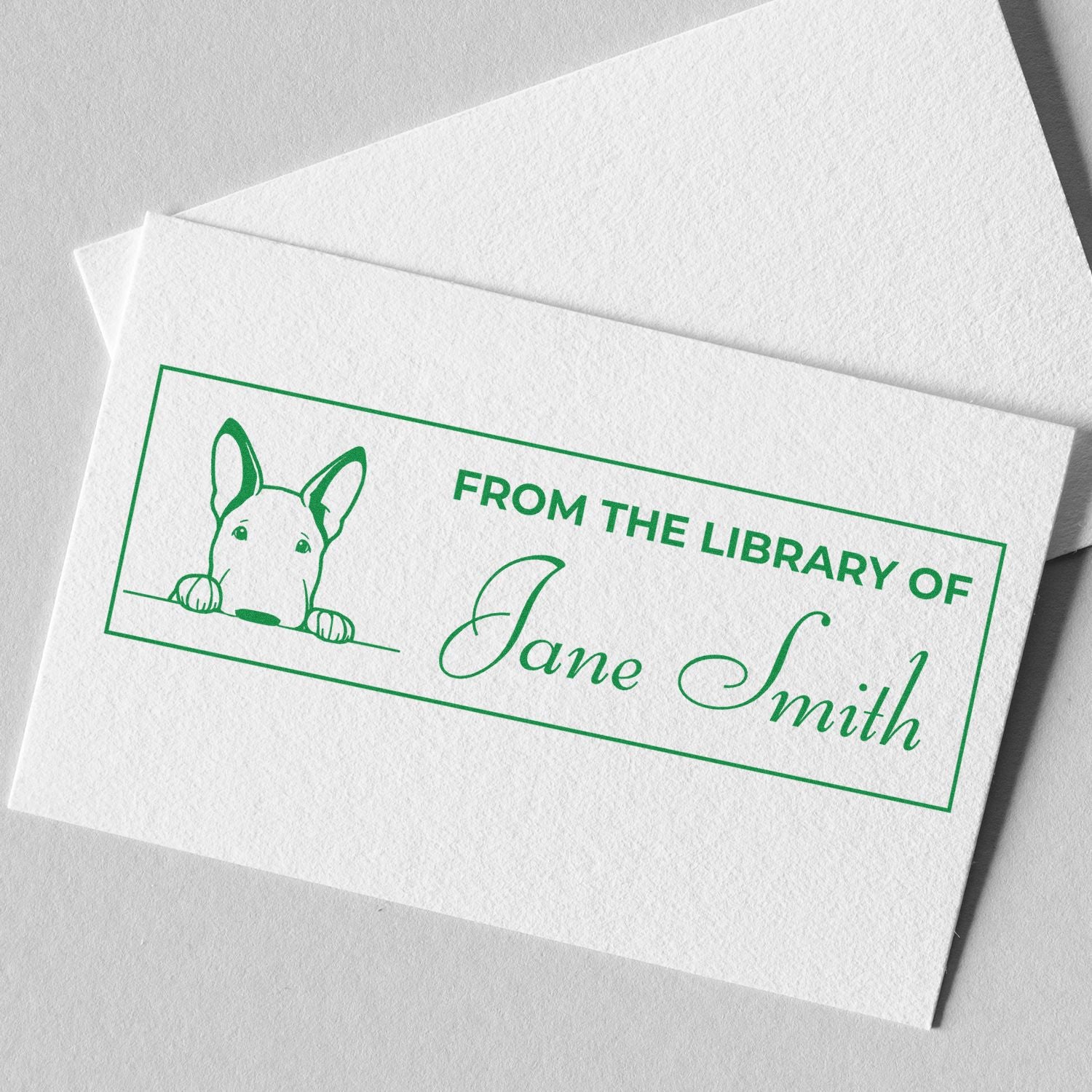 Personalized From the Library of Jane Smith rubber stamp with dog illustration for book lending.