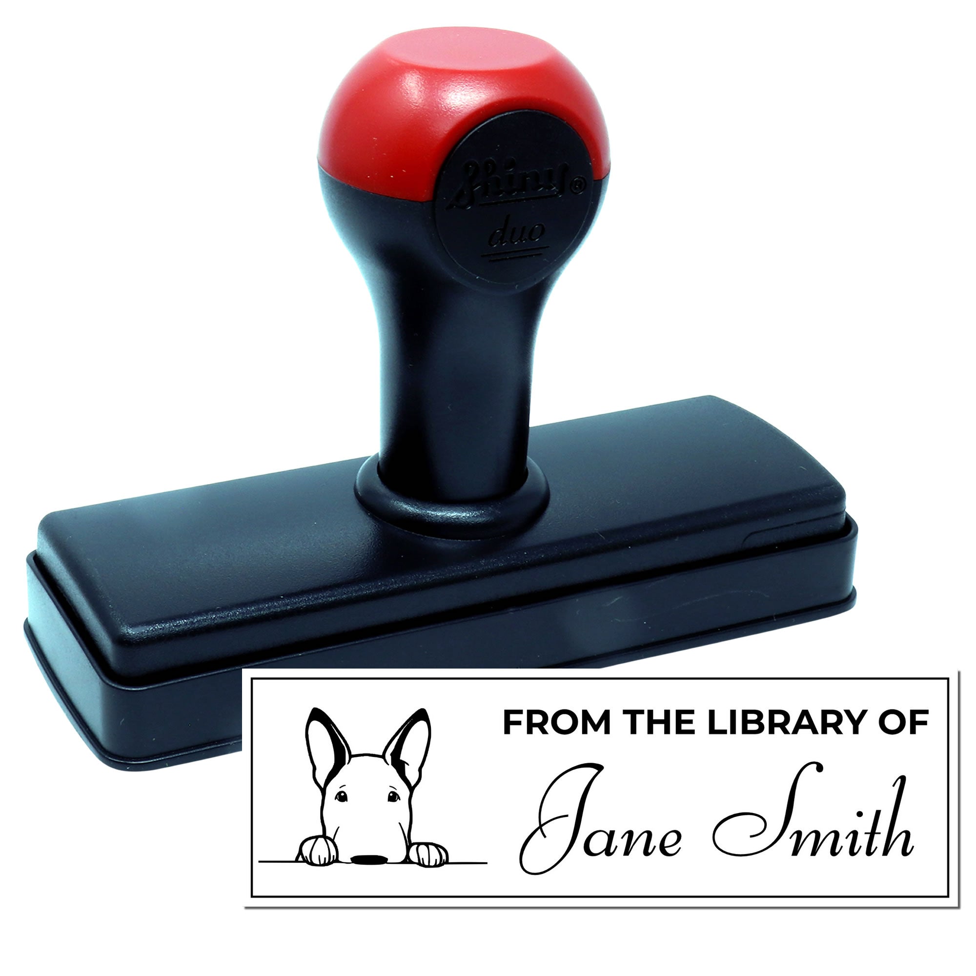 Custom self-inking rubber stamp with From the Library of Jane Smith dog bookplate design for personalized books.