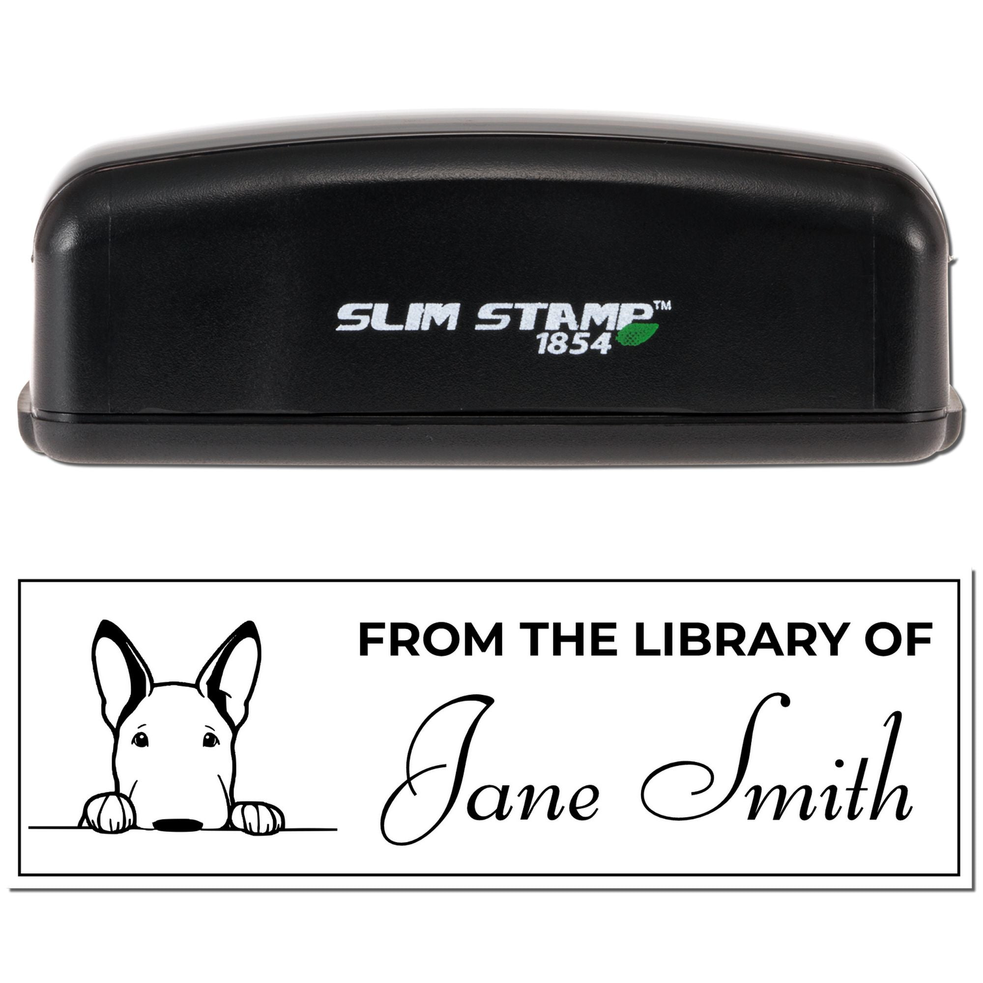Custom library rubber stamp with dog design, Slim Stamp 1854, personalized "From the Library of Jane Smith" book stamp.