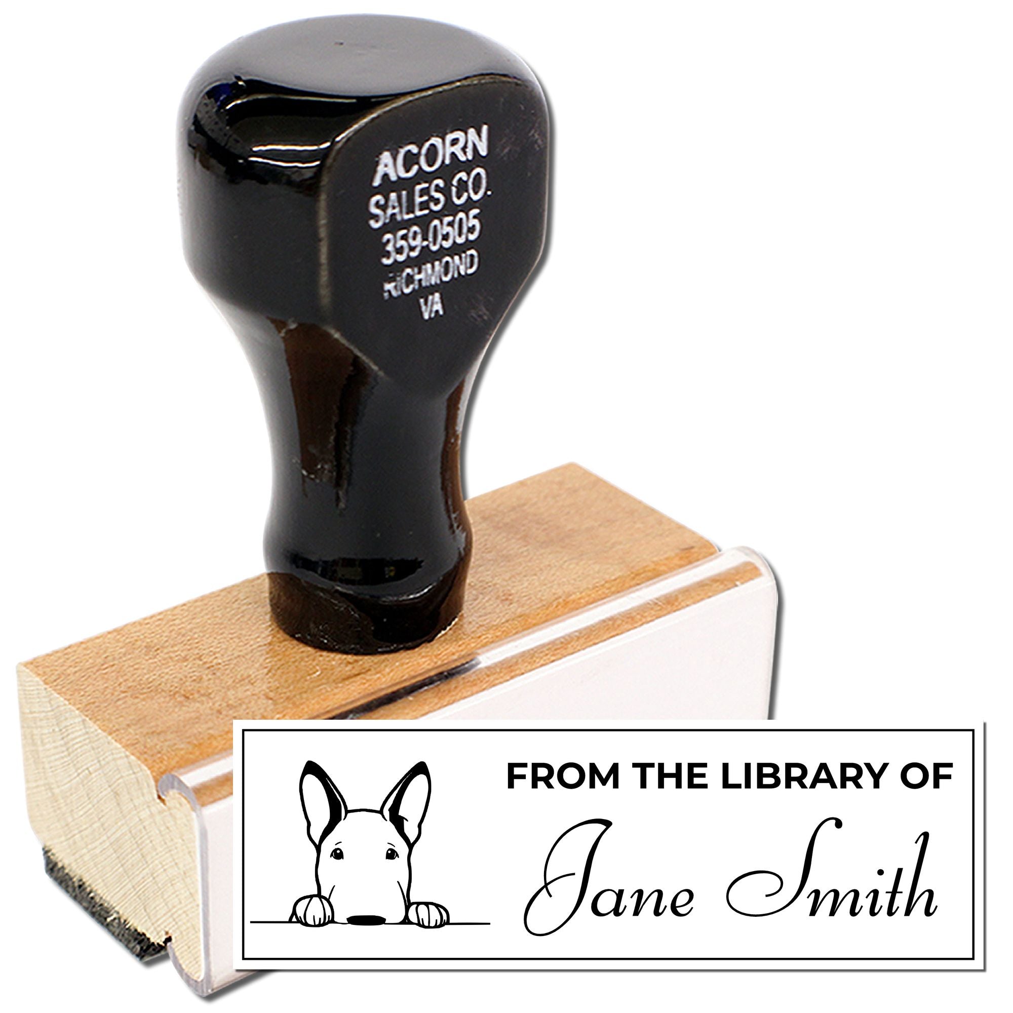Custom personalized library rubber stamp with wooden handle, featuring From the Library of Jane Smith and a dog icon.