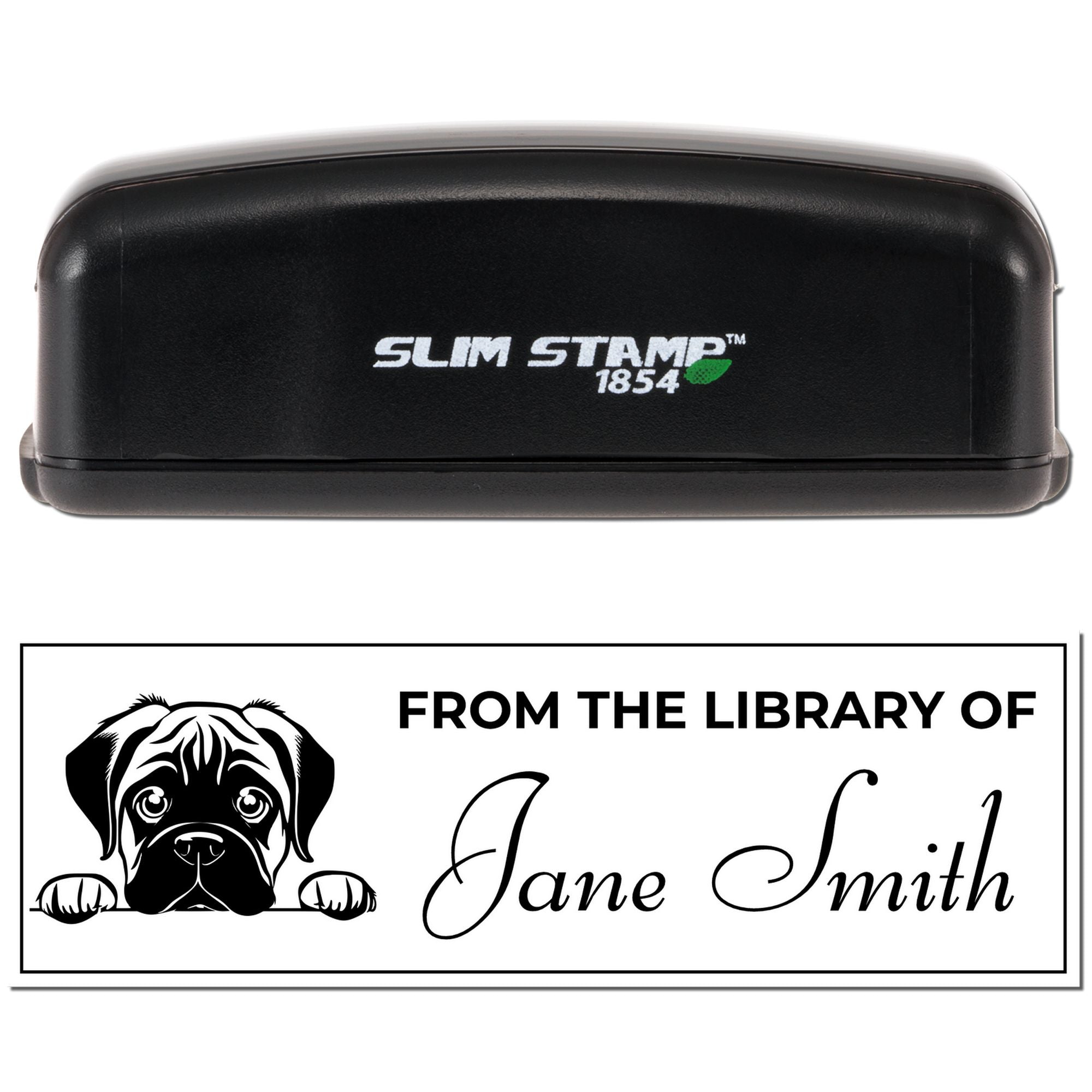 Slim Stamp 1854 self-inking rubber stamp with custom library imprint, reading From the Library of Jane Smith with dog design.