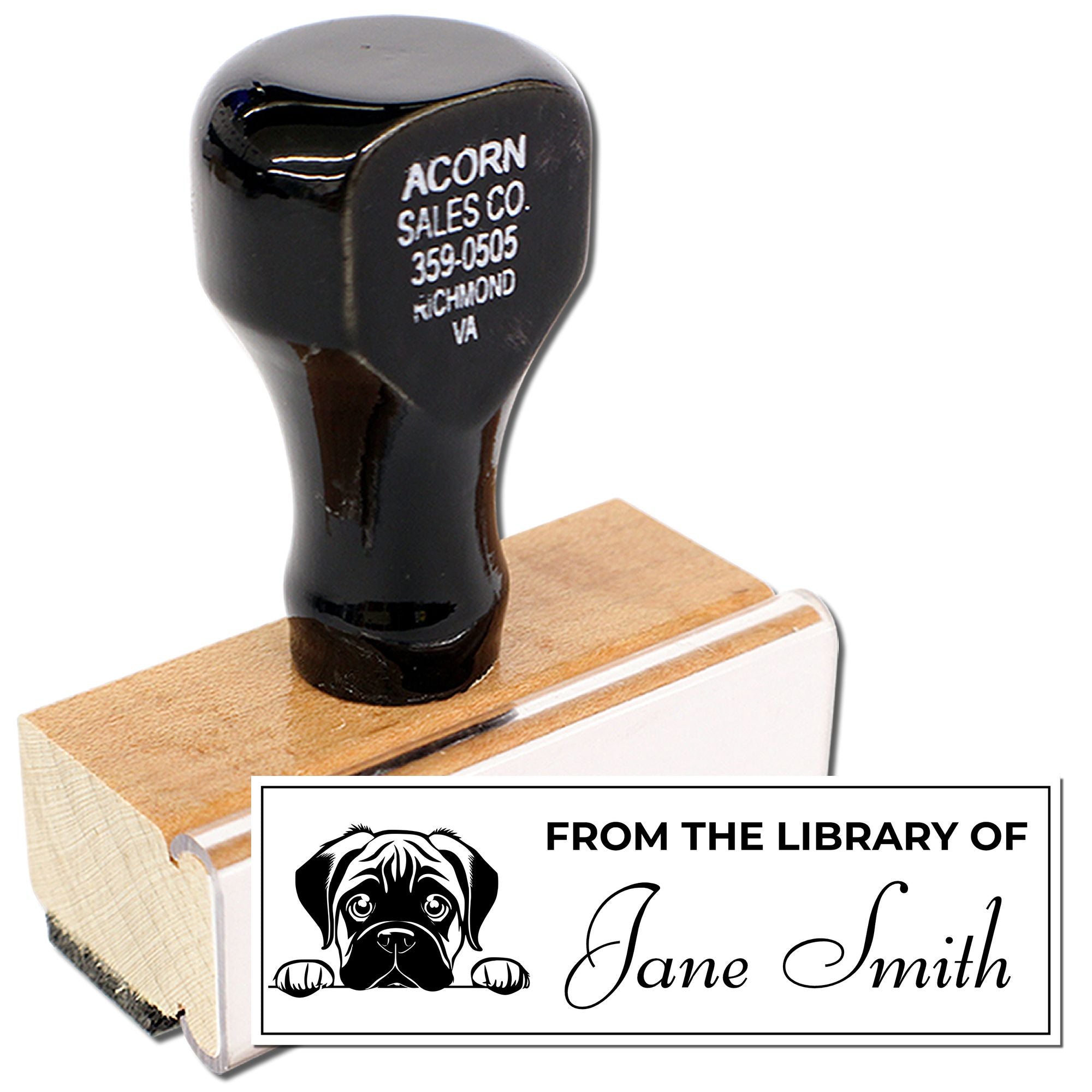 Custom bookplate rubber stamp with dog graphic and From the Library of Jane Smith for personalized book labeling.