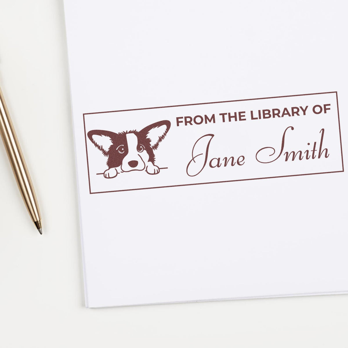 Custom corgi From the Library Of rubber book stamp for Jane Smith, perfect for personalizing library books.
