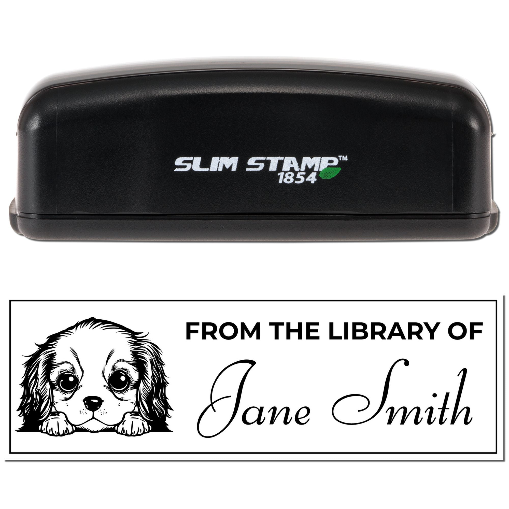 Slim Stamp 1854 custom rubber stamp with personalized From the Library of Jane Smith dog bookplate design