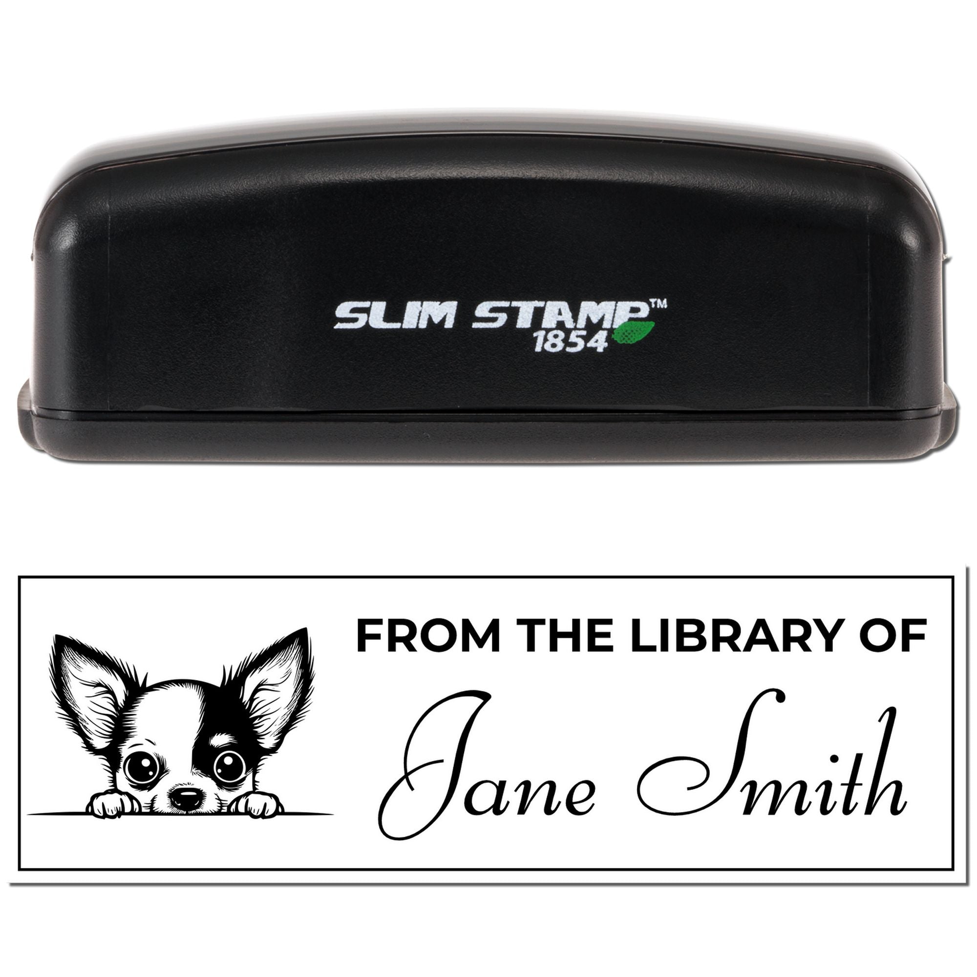 Custom self-inking library book stamp with dog design and From the Library of Jane Smith imprint