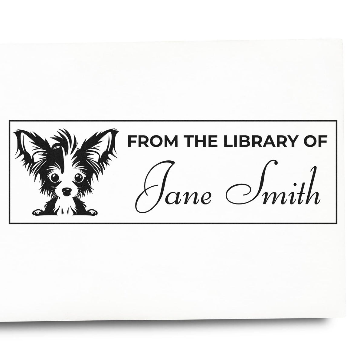 Custom personalized rubber book stamp with dog illustration and From the Library of Jane Smith text.