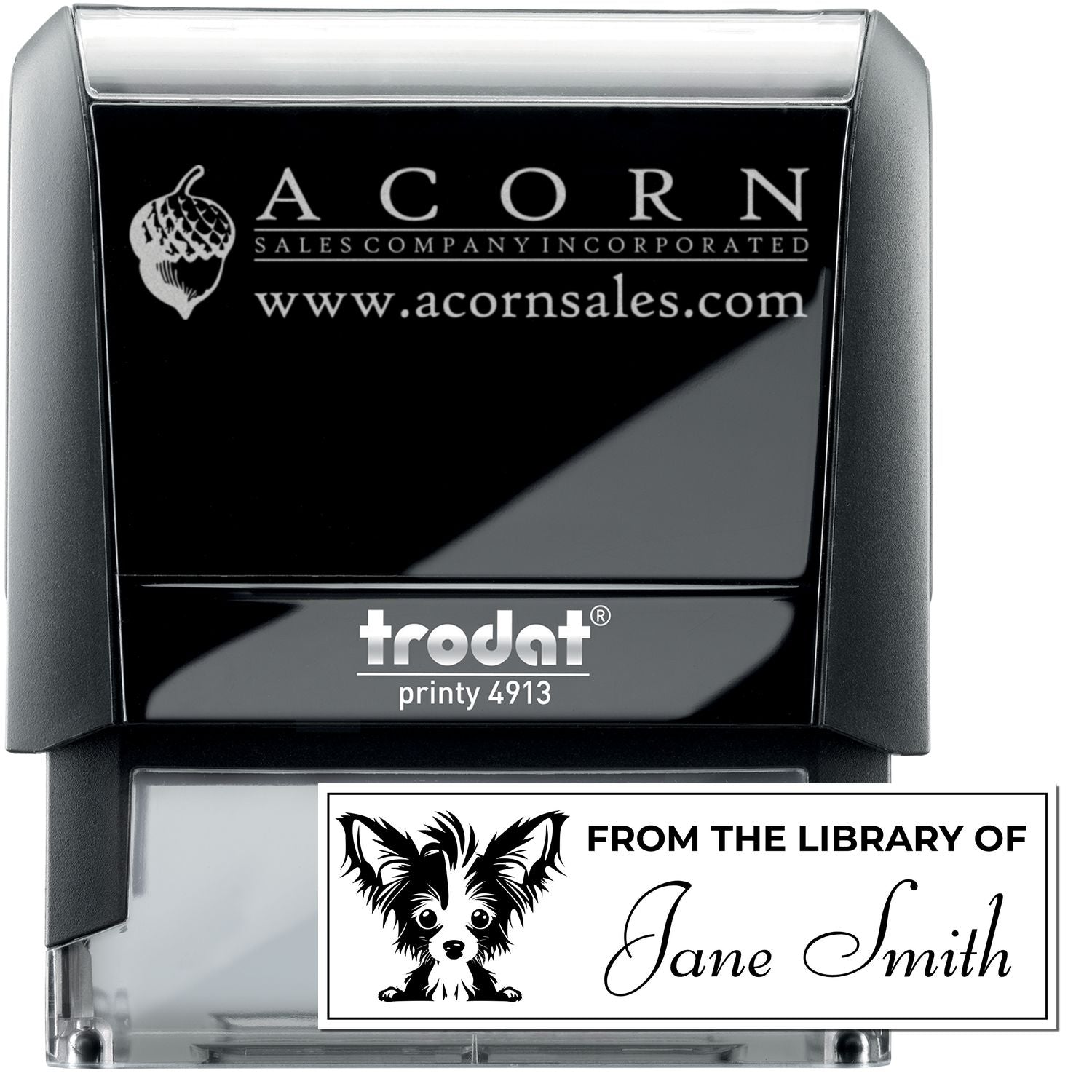 Custom self-inking rubber stamp, Trodat Printy 4913, with business logo and personalized library stamp design.