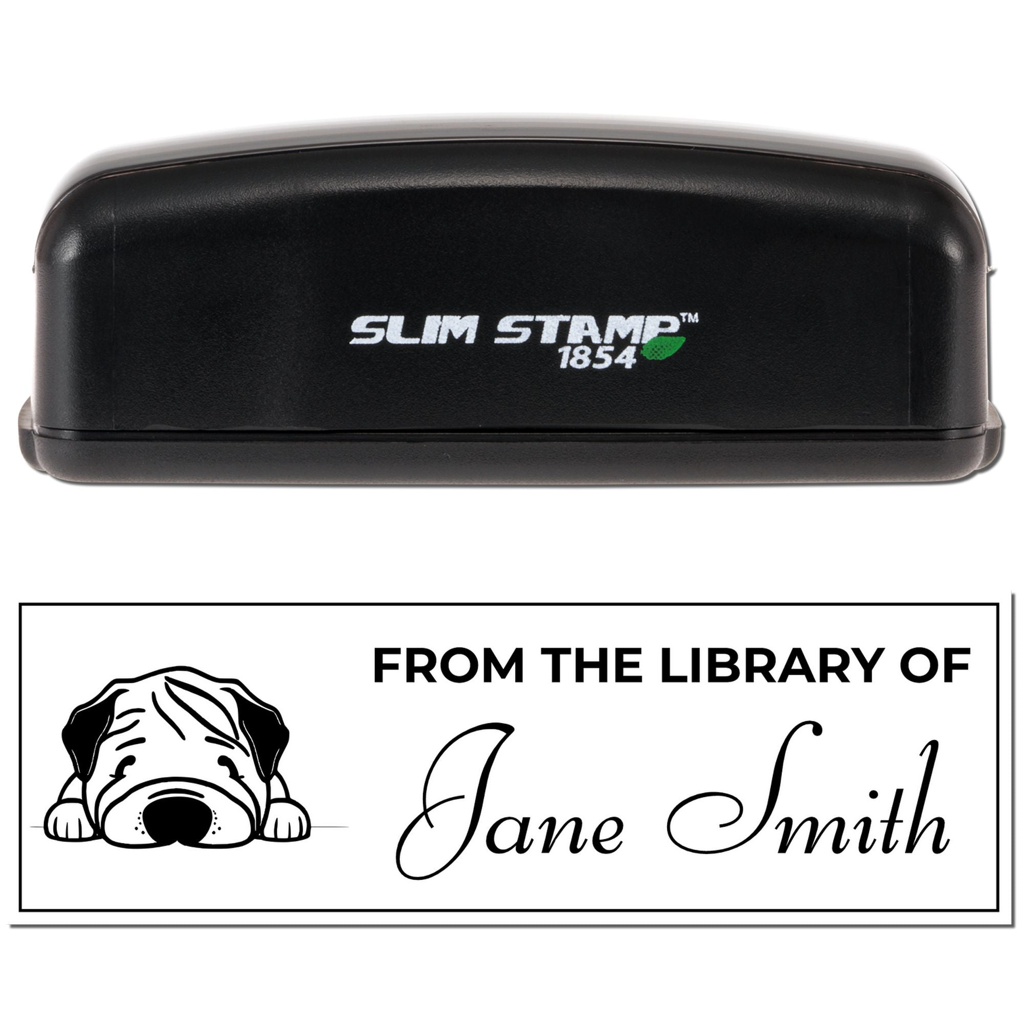 Slim Stamp 1854 personalized library rubber stamp with dog design, creating a From the Library of Jane Smith bookplate.