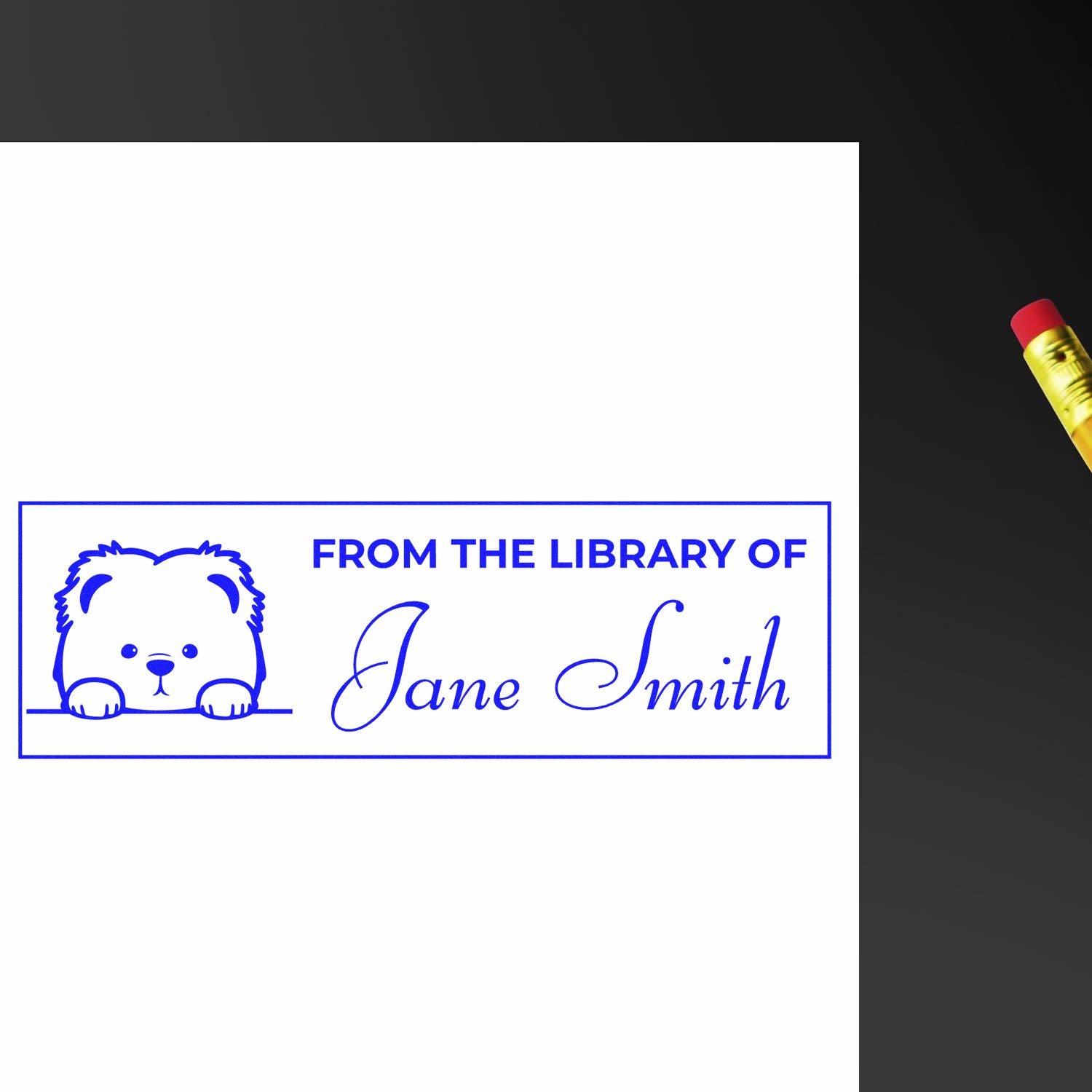 Custom rubber library stamp with bear design and personalized From the Library of Jane Smith text for books and collections.