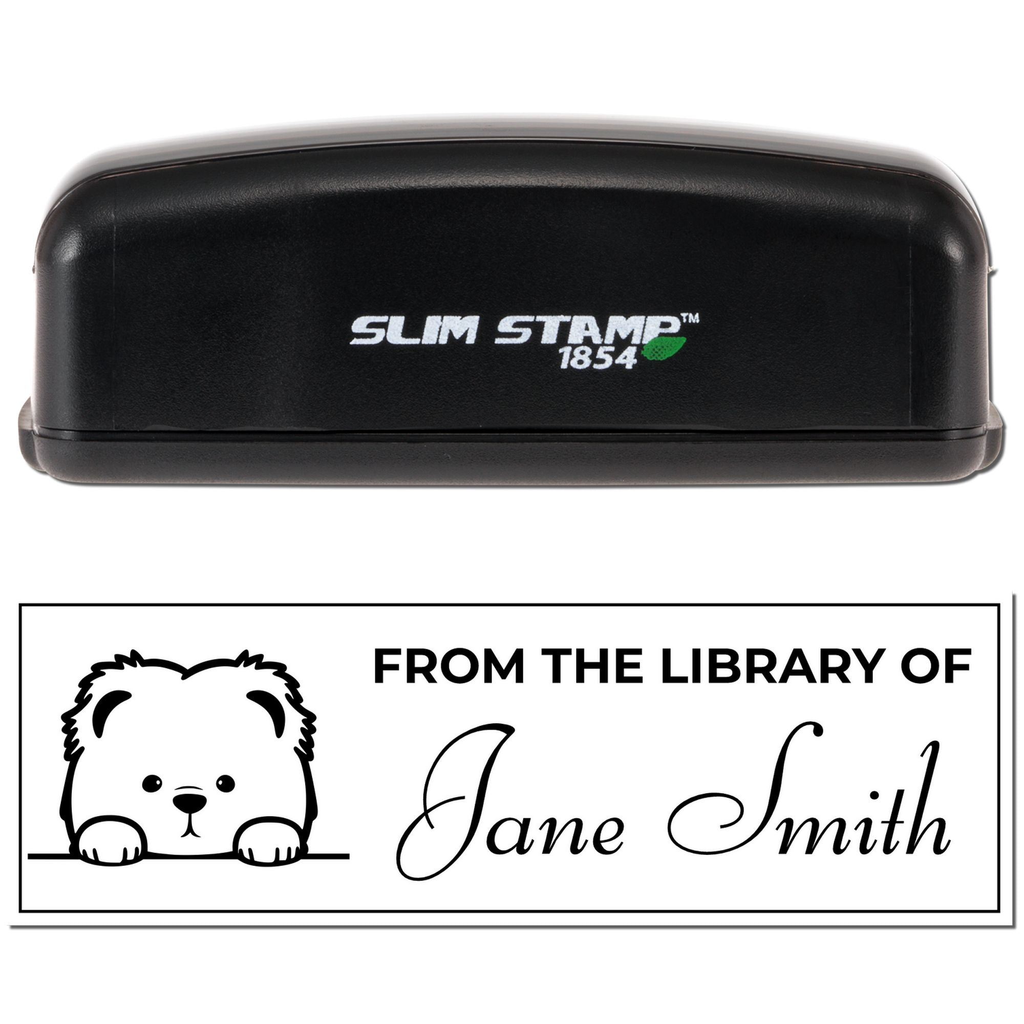 Custom self-inking rubber stamp with bear bookplate design and From the Library of Jane Smith personalized imprint